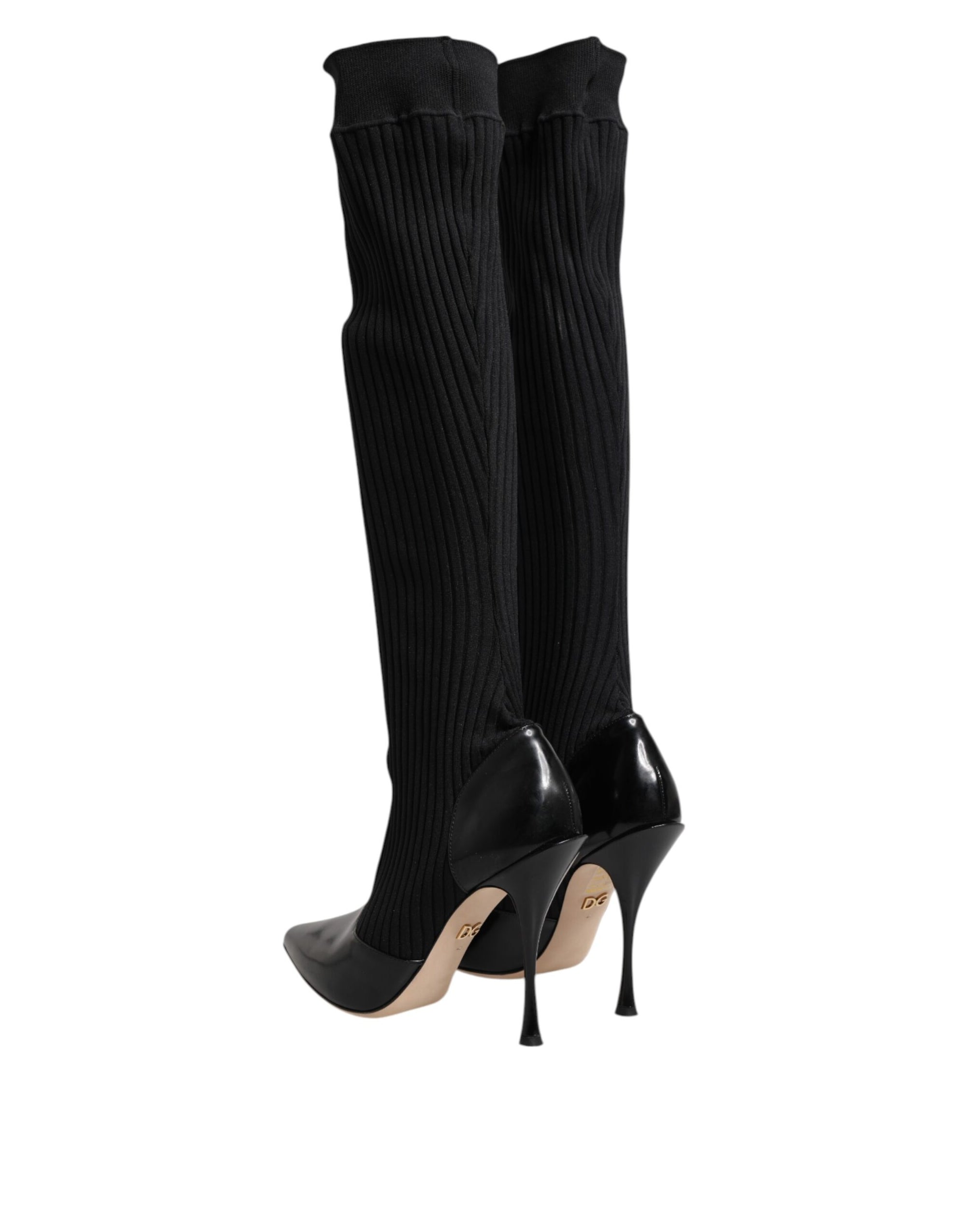 Dolce &amp; Gabbana Black Leather Ribbed Knit Knee Boots Shoes