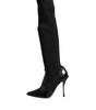 Dolce &amp; Gabbana Black Leather Ribbed Knit Knee Boots Shoes