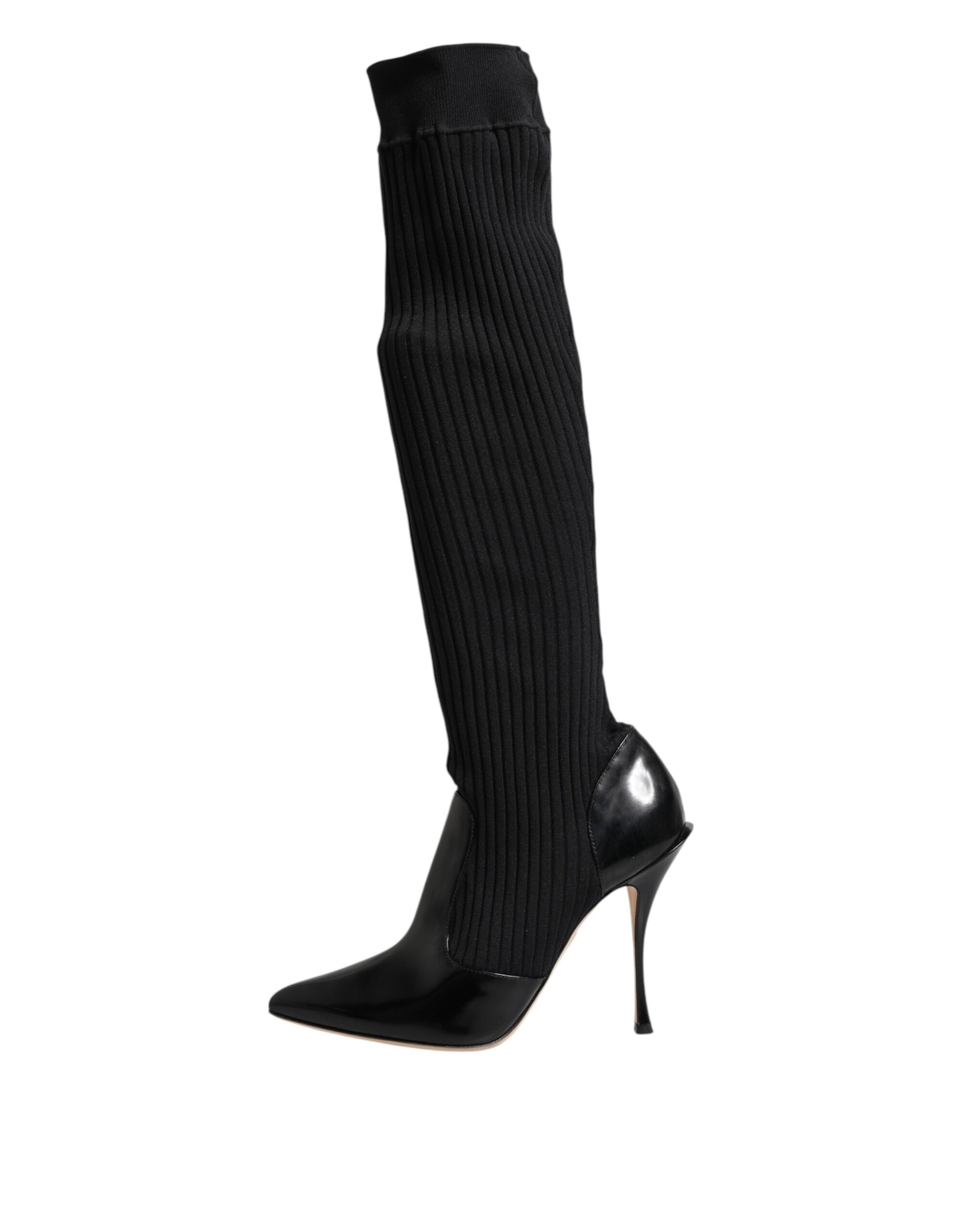 Dolce &amp; Gabbana Black Leather Ribbed Knit Knee Boots Shoes
