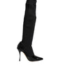 Dolce &amp; Gabbana Black Leather Ribbed Knit Knee Boots Shoes