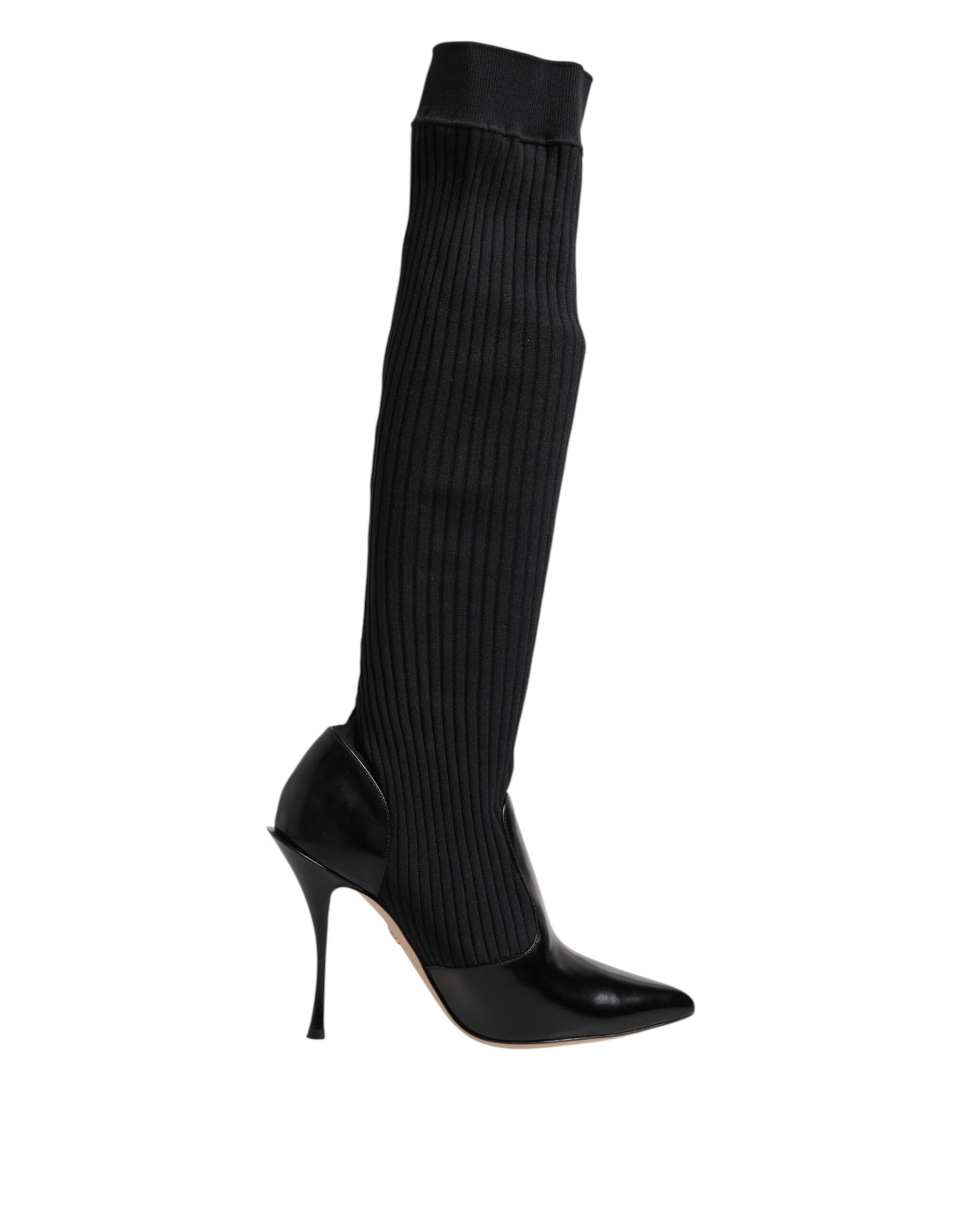 Dolce &amp; Gabbana Black Leather Ribbed Knit Knee Boots Shoes