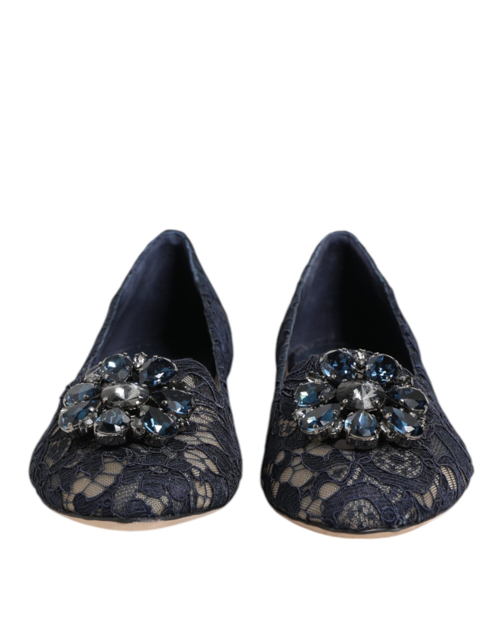 Dolce &amp; Gabbana Blue Taormina Lace Crystals Flats Shoes