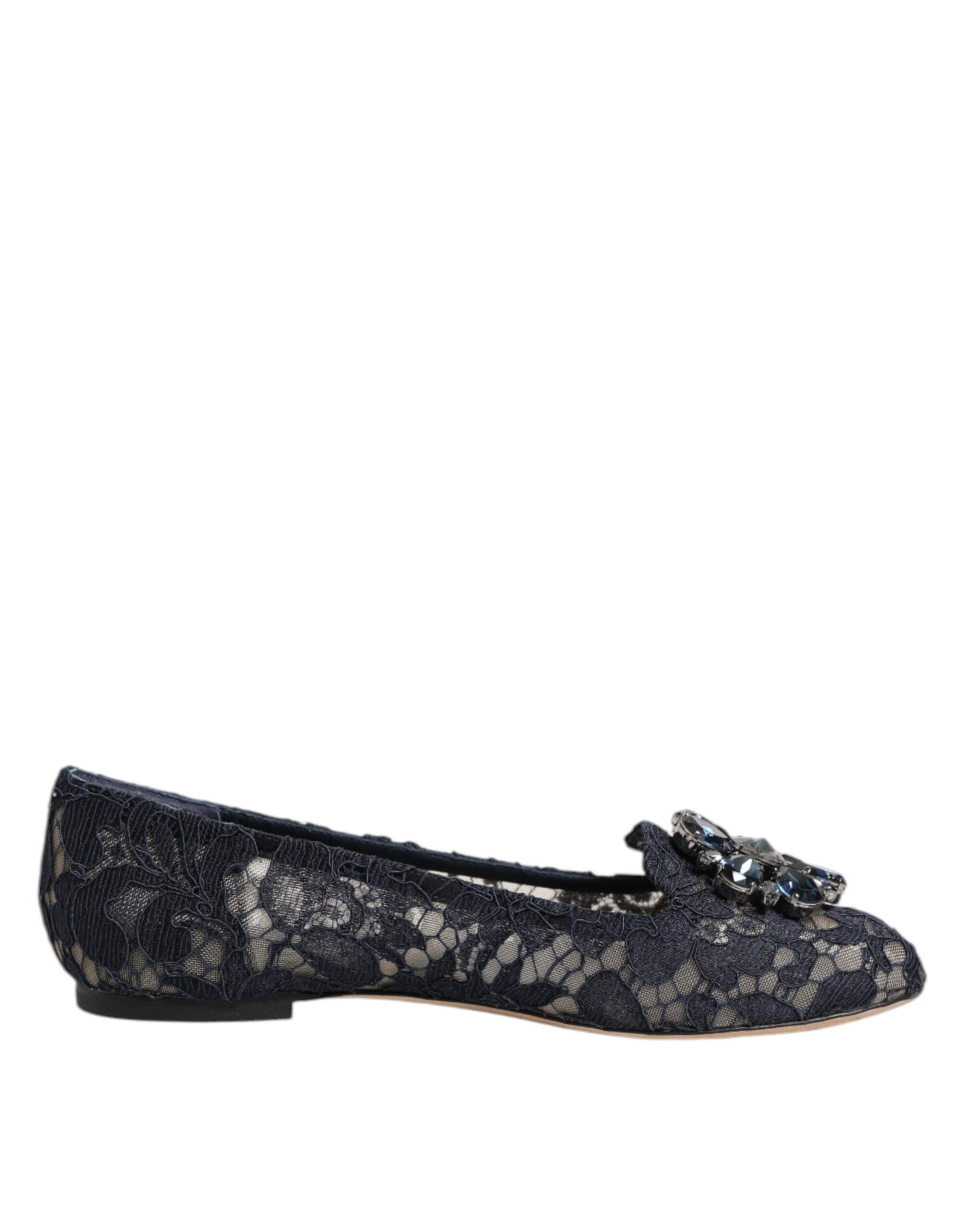 Dolce &amp; Gabbana Blue Taormina Lace Crystals Flats Shoes
