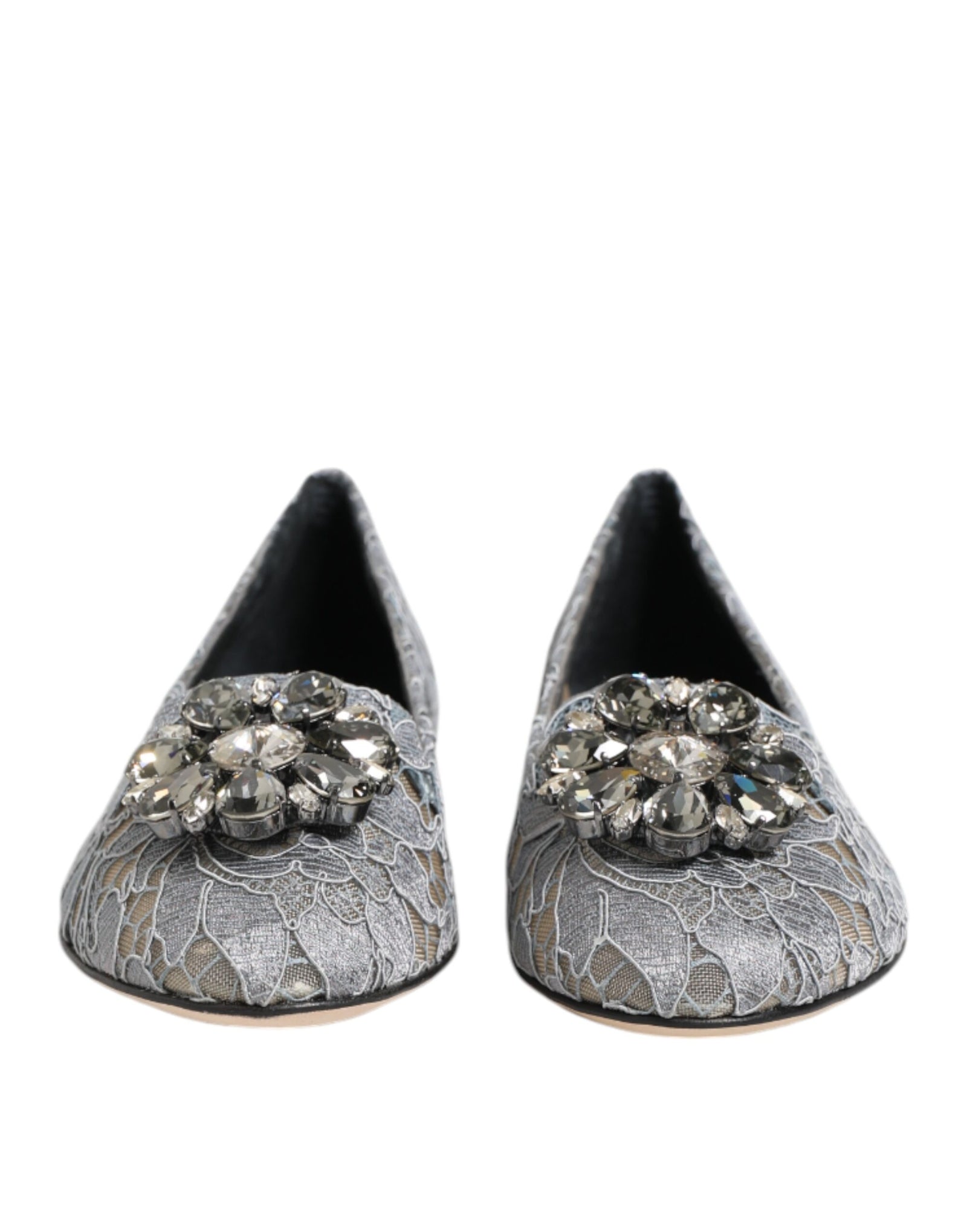 Dolce &amp; Gabbana Gray Taormina Lace Crystals Flats Shoes