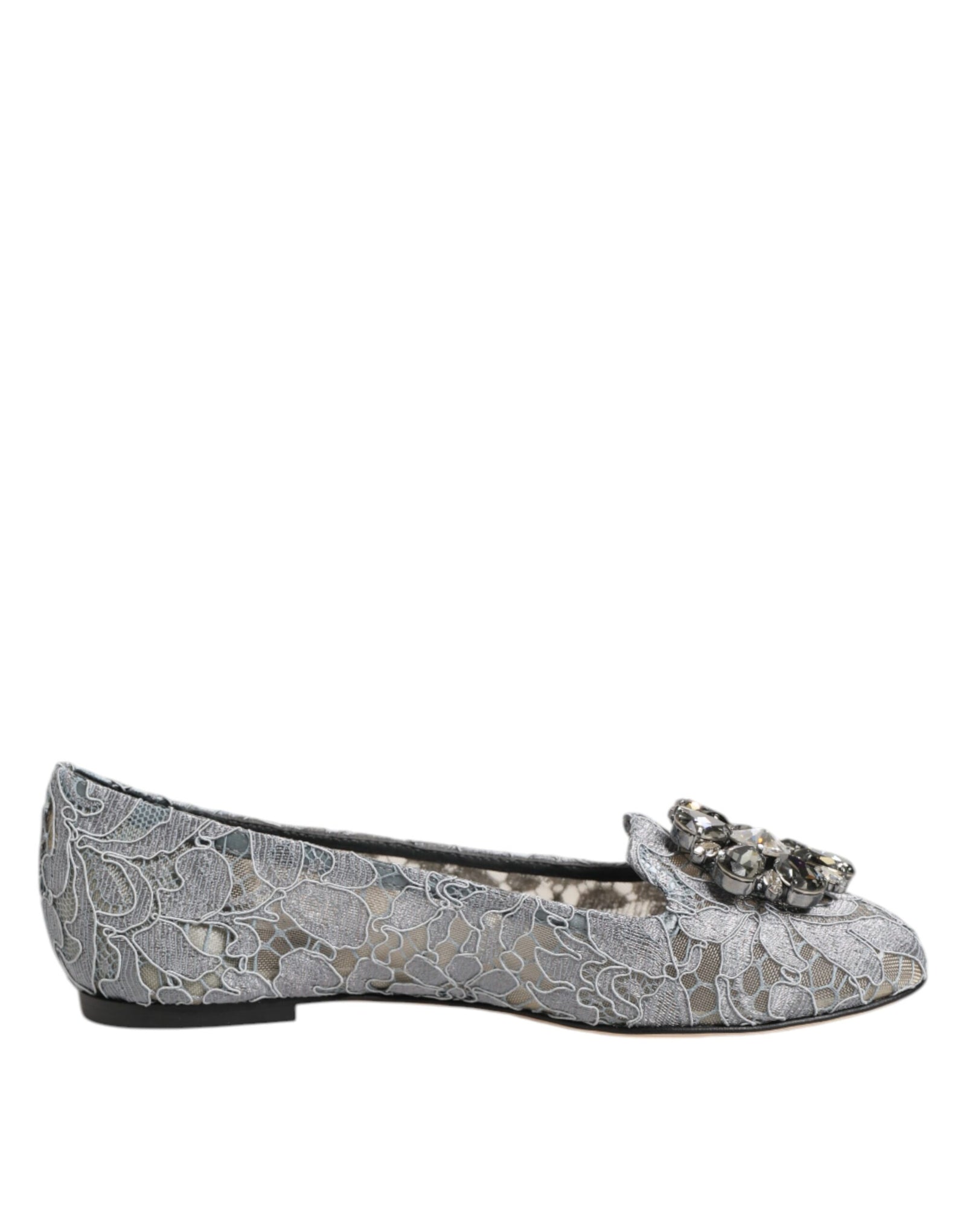 Dolce &amp; Gabbana Gray Taormina Lace Crystals Flats Shoes