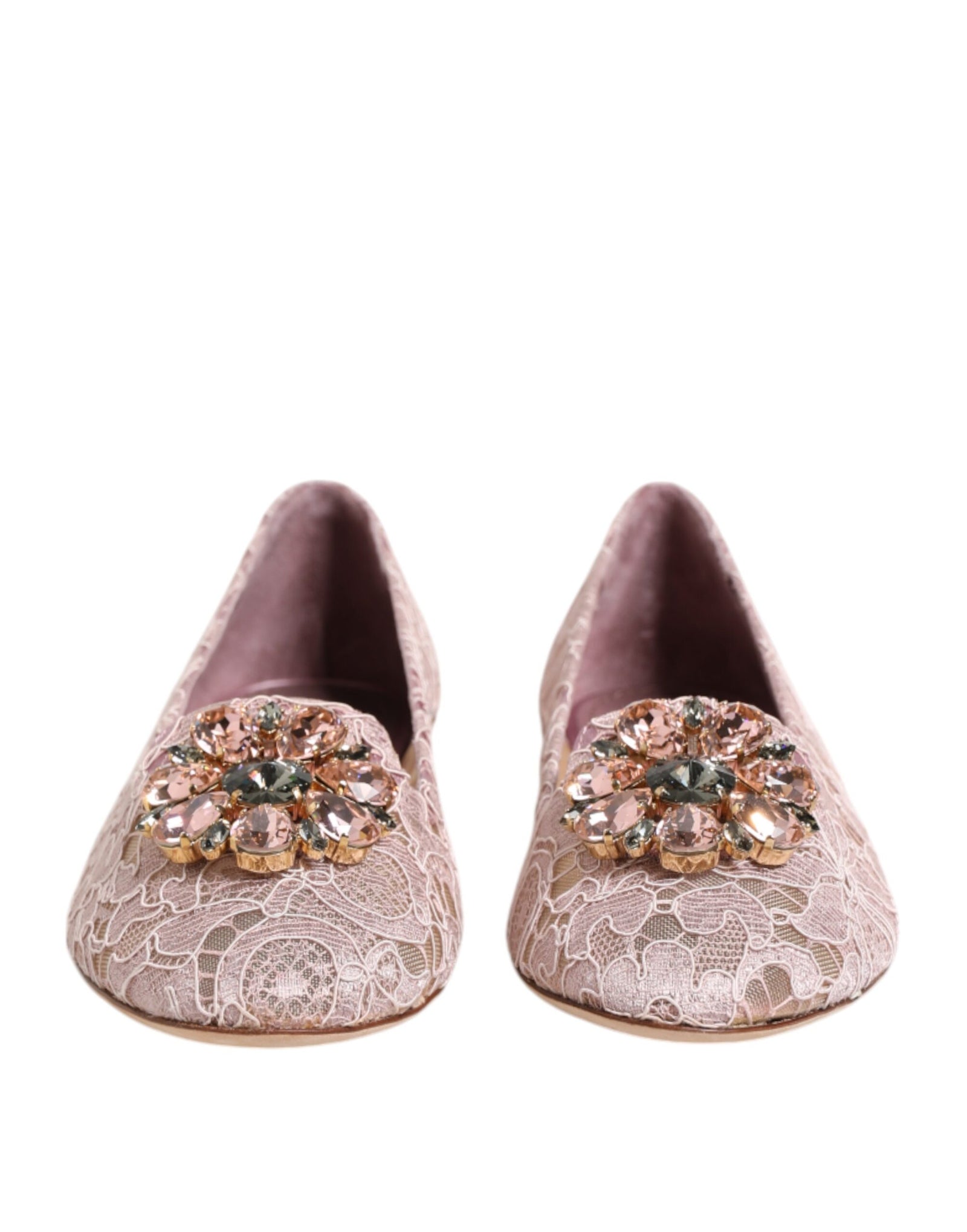 Dolce &amp; Gabbana Pink Taormina Lace Crystals Flats Shoes