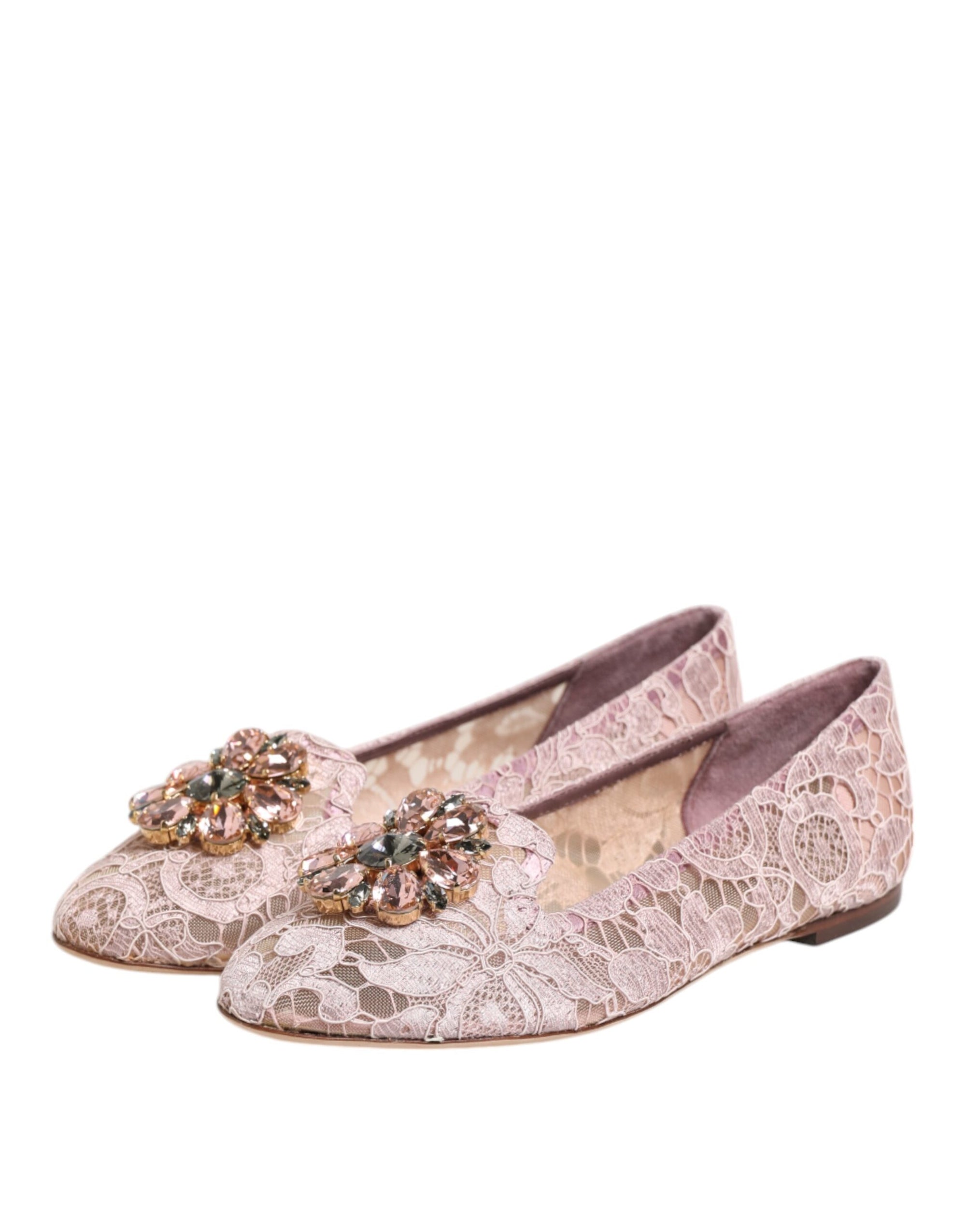 Dolce &amp; Gabbana Pink Taormina Lace Crystals Flats Shoes
