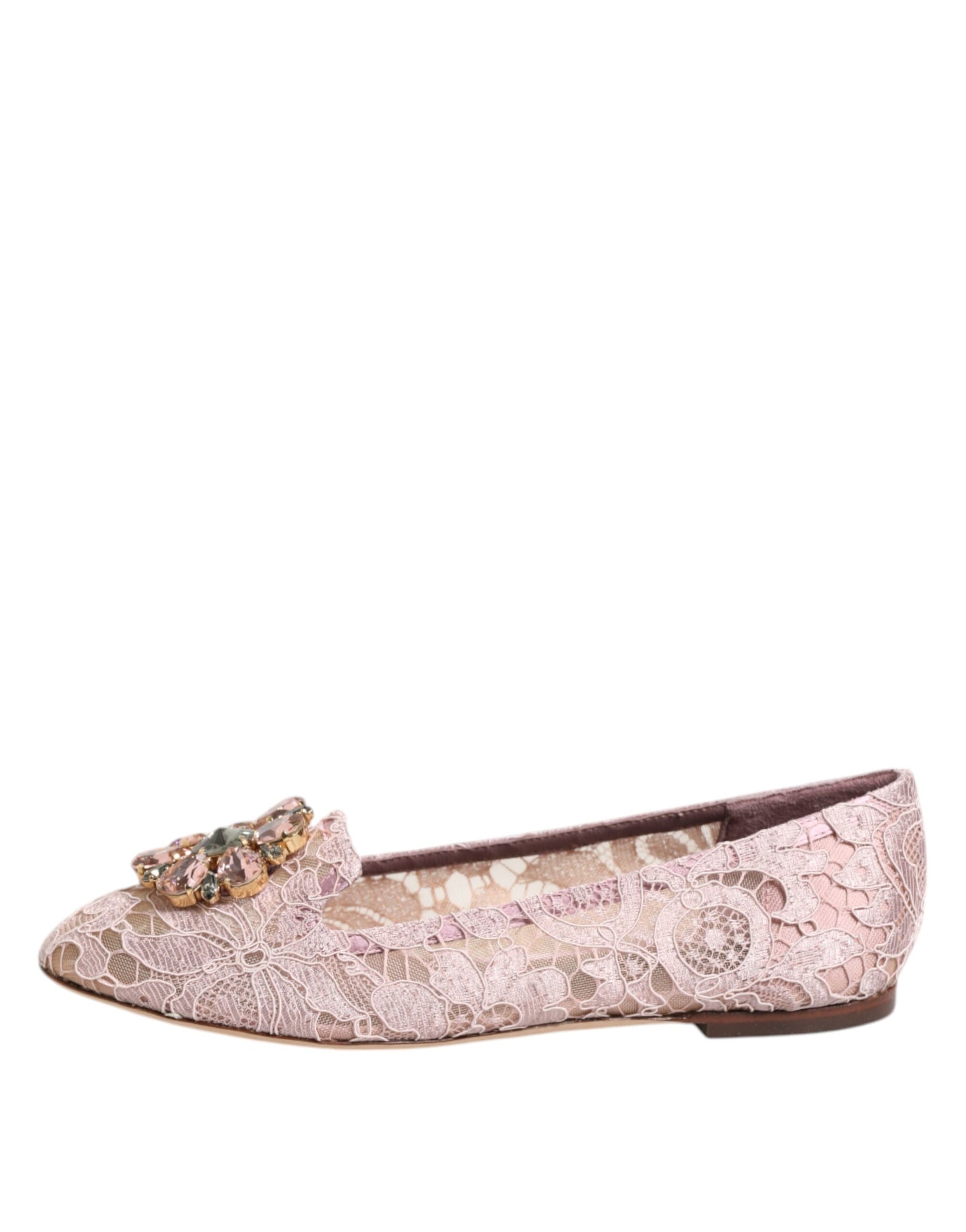 Dolce &amp; Gabbana Pink Taormina Lace Crystals Flats Shoes