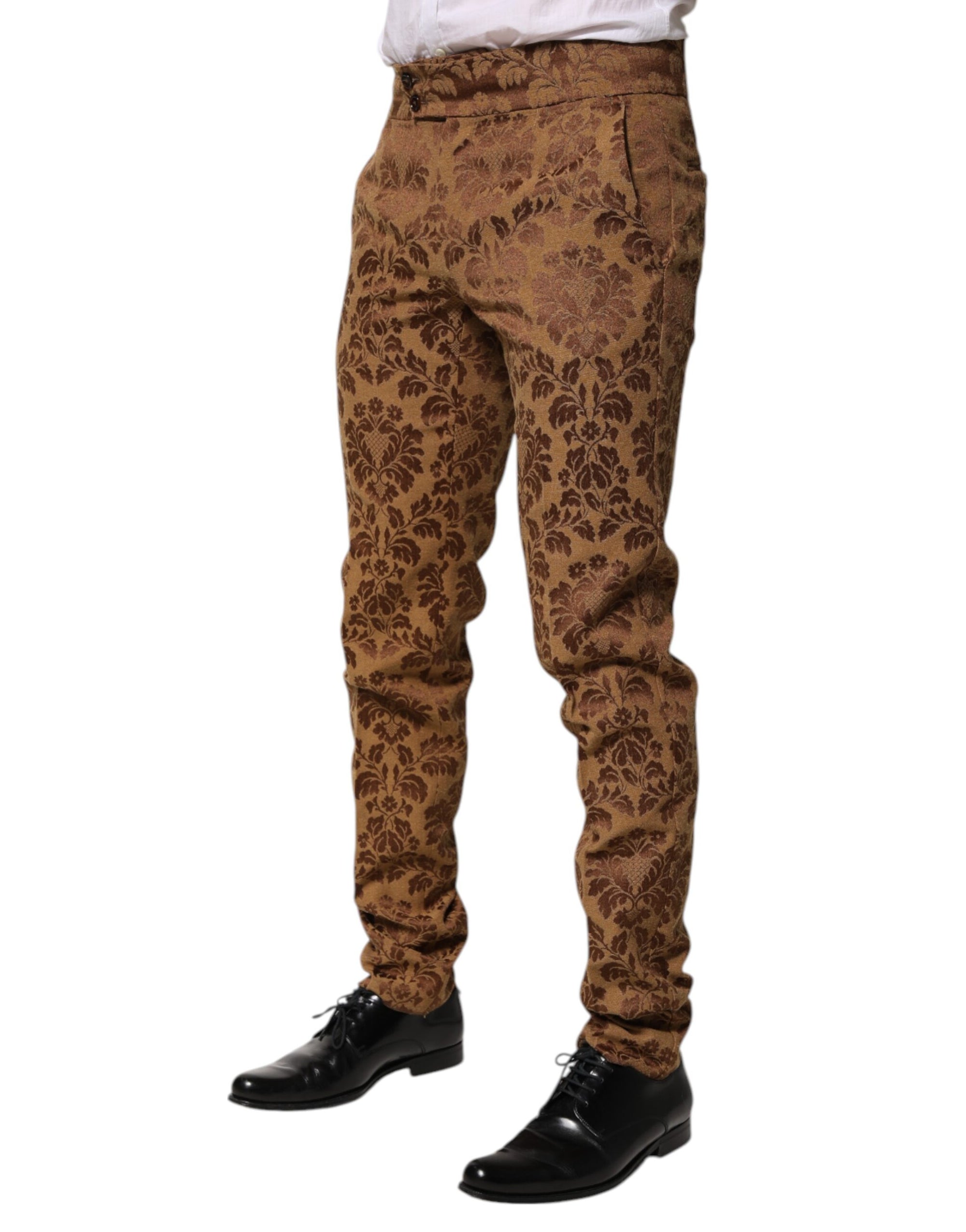 Dolce &amp; Gabbana Brown Floral Jacquard Men Skinny Trouser Pants