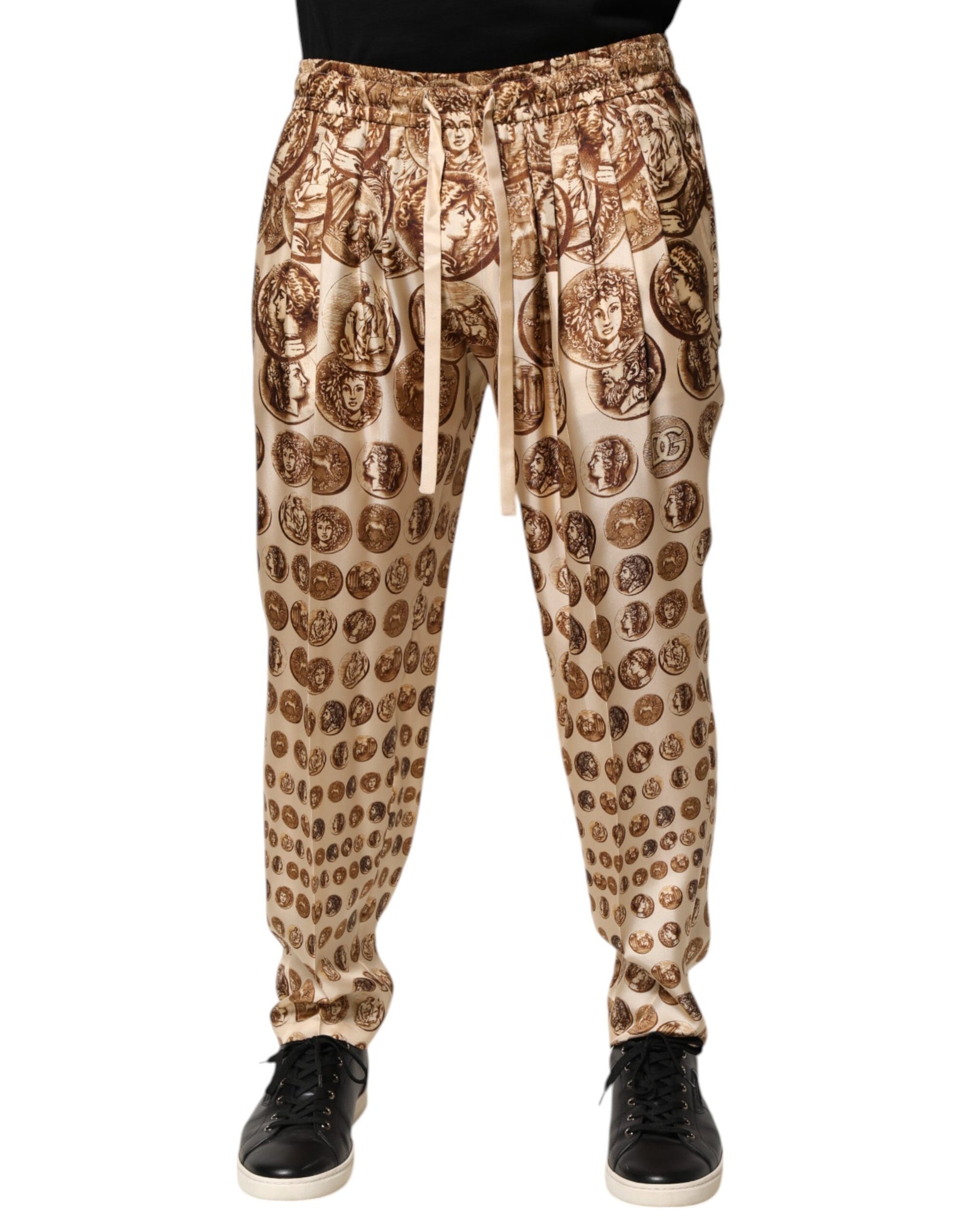 Pantalon de jogging en sergé de soie beige à imprimé pièces de monnaie Dolce &amp; Gabbana pour homme