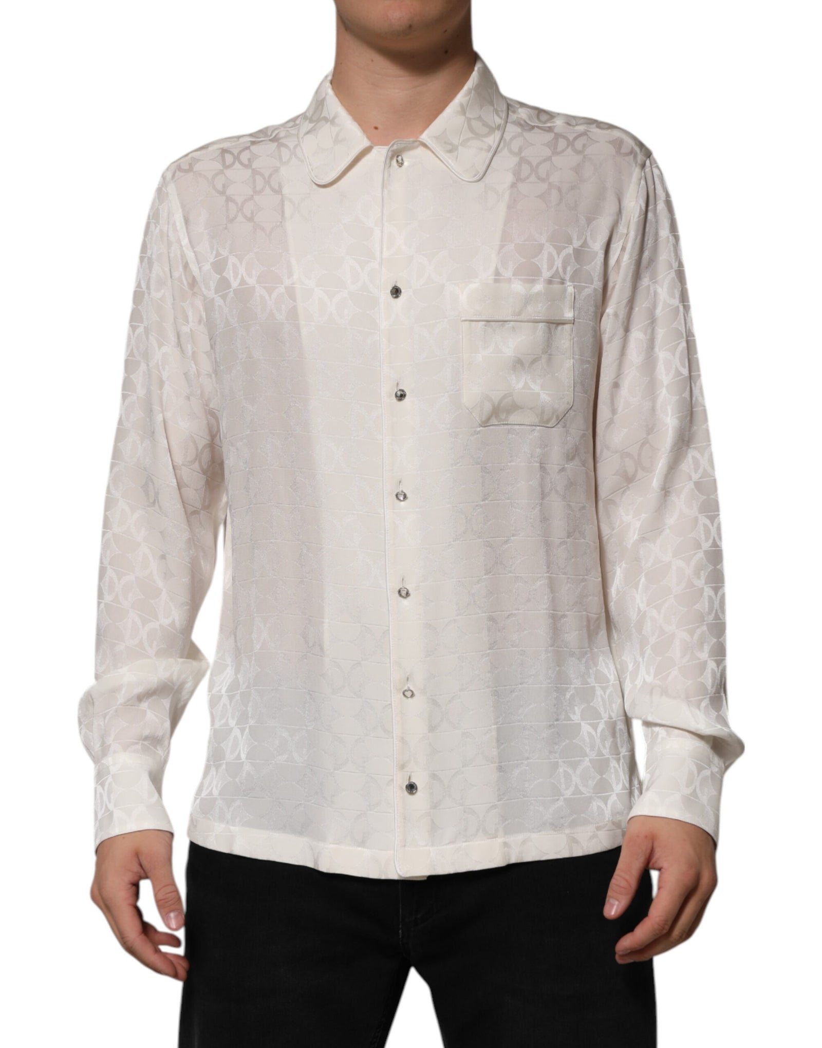 Dolce &amp; Gabbana White Silk DG Logo Print Long Sleeves Shirt