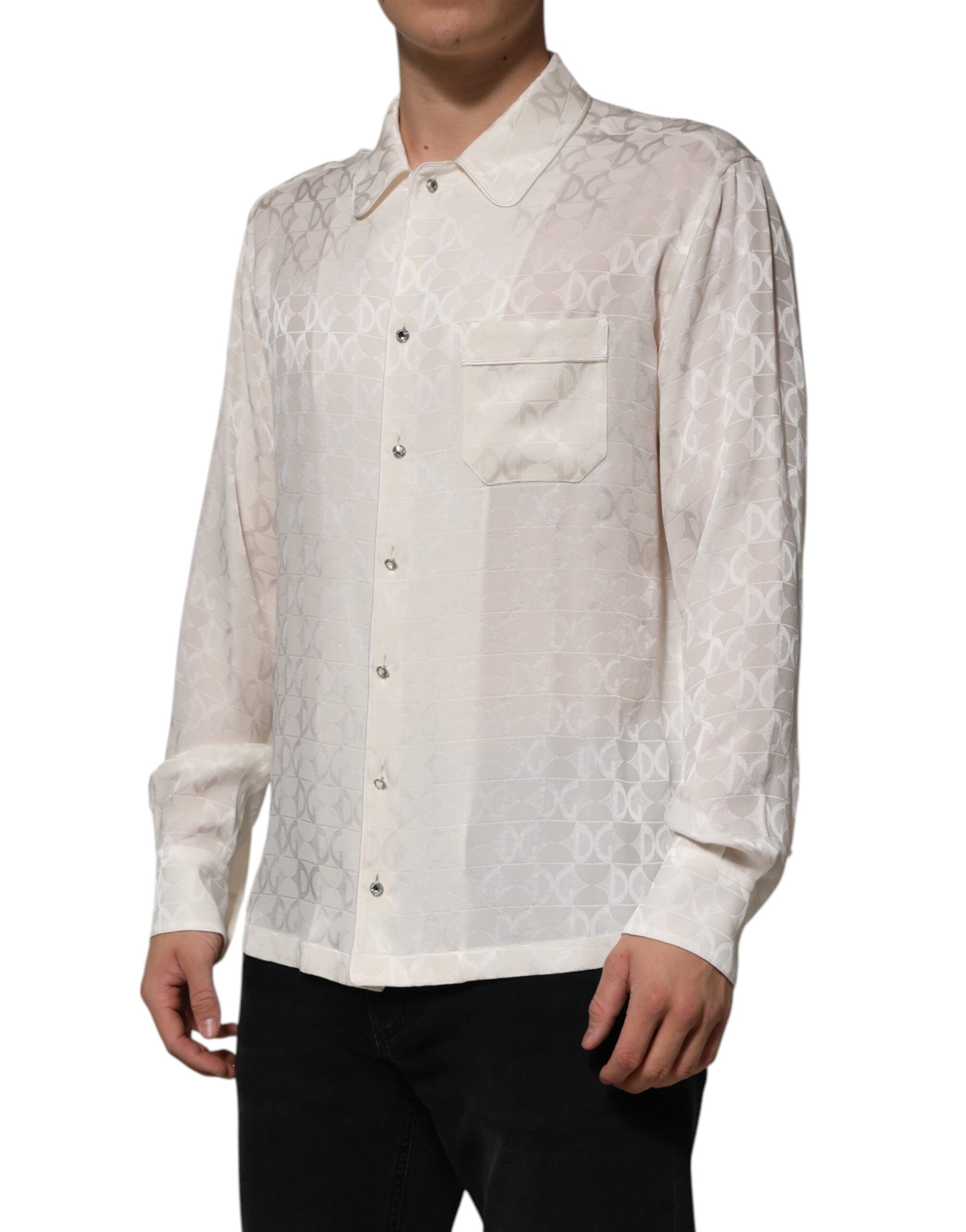 Chemise à manches longues en soie blanche Dolce &amp; Gabbana avec logo DG imprimé