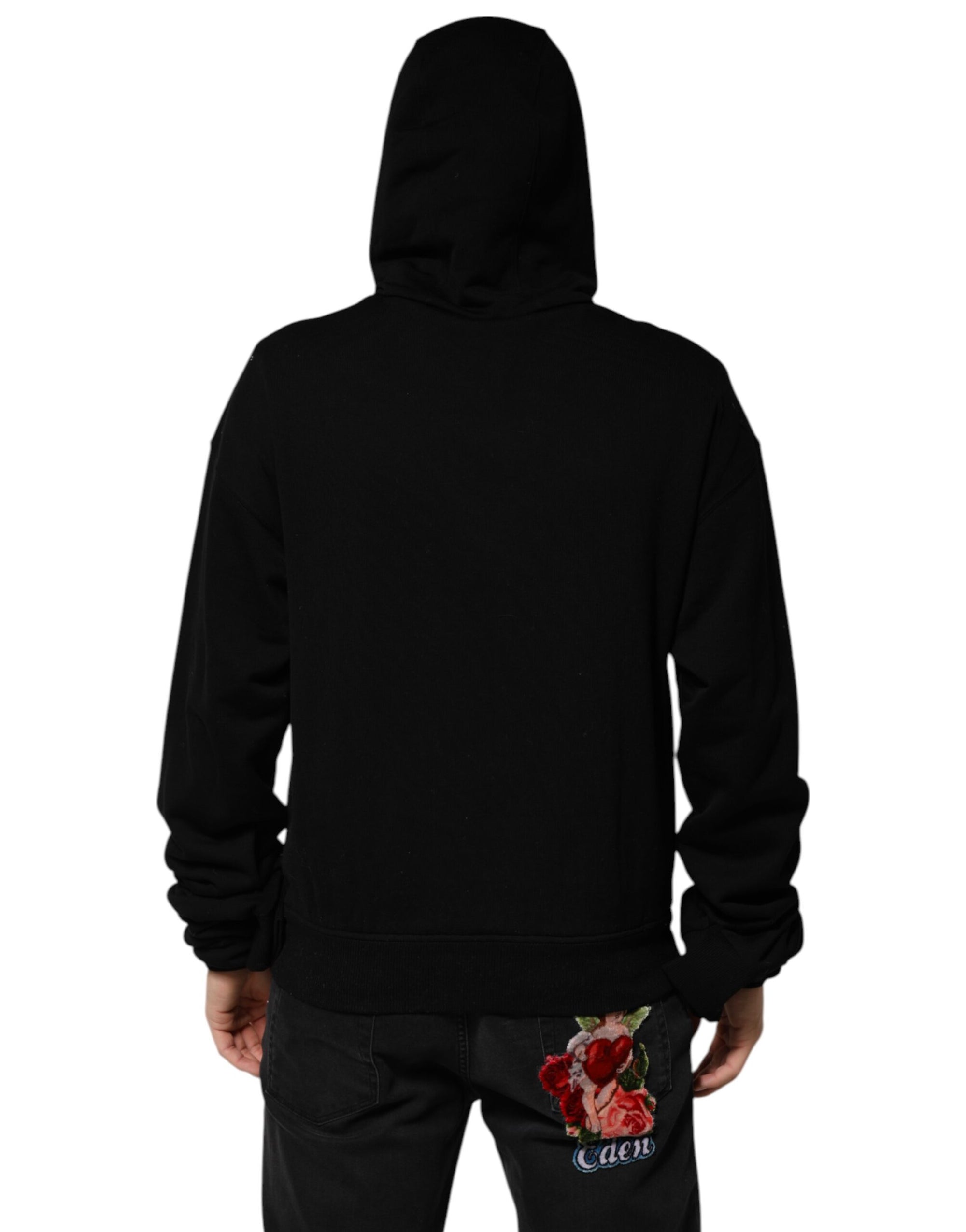 Dolce & Gabbana Black Cotton Oversize DG Logo Patch Hoodie Sweater
