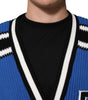 Dolce & Gabbana Blue Cotton Logo Patch Ribbed Knit Cardigan Sweater