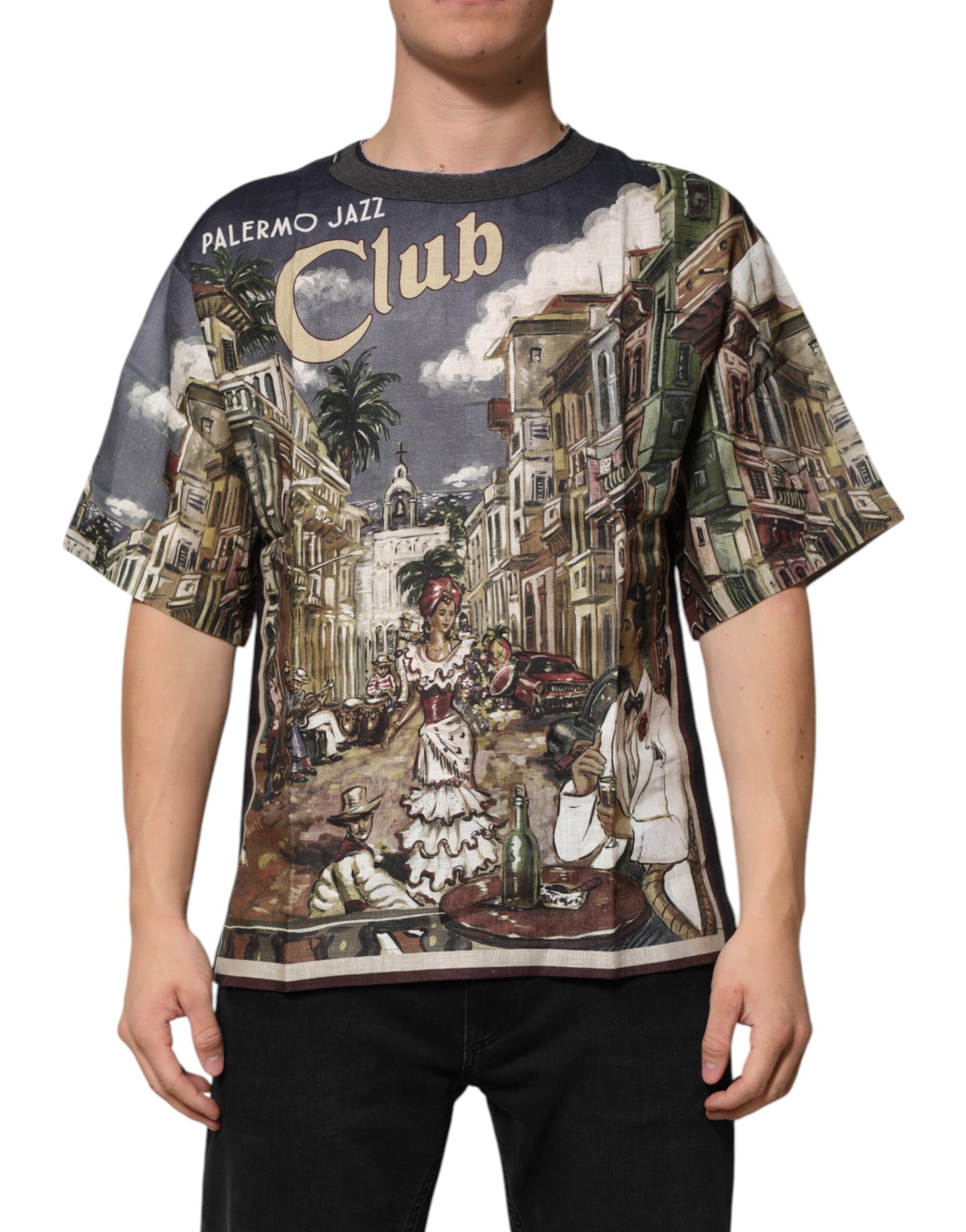 Dolce & Gabbana Palermo Jazz Club Linen Crew Neck Men T-shirt