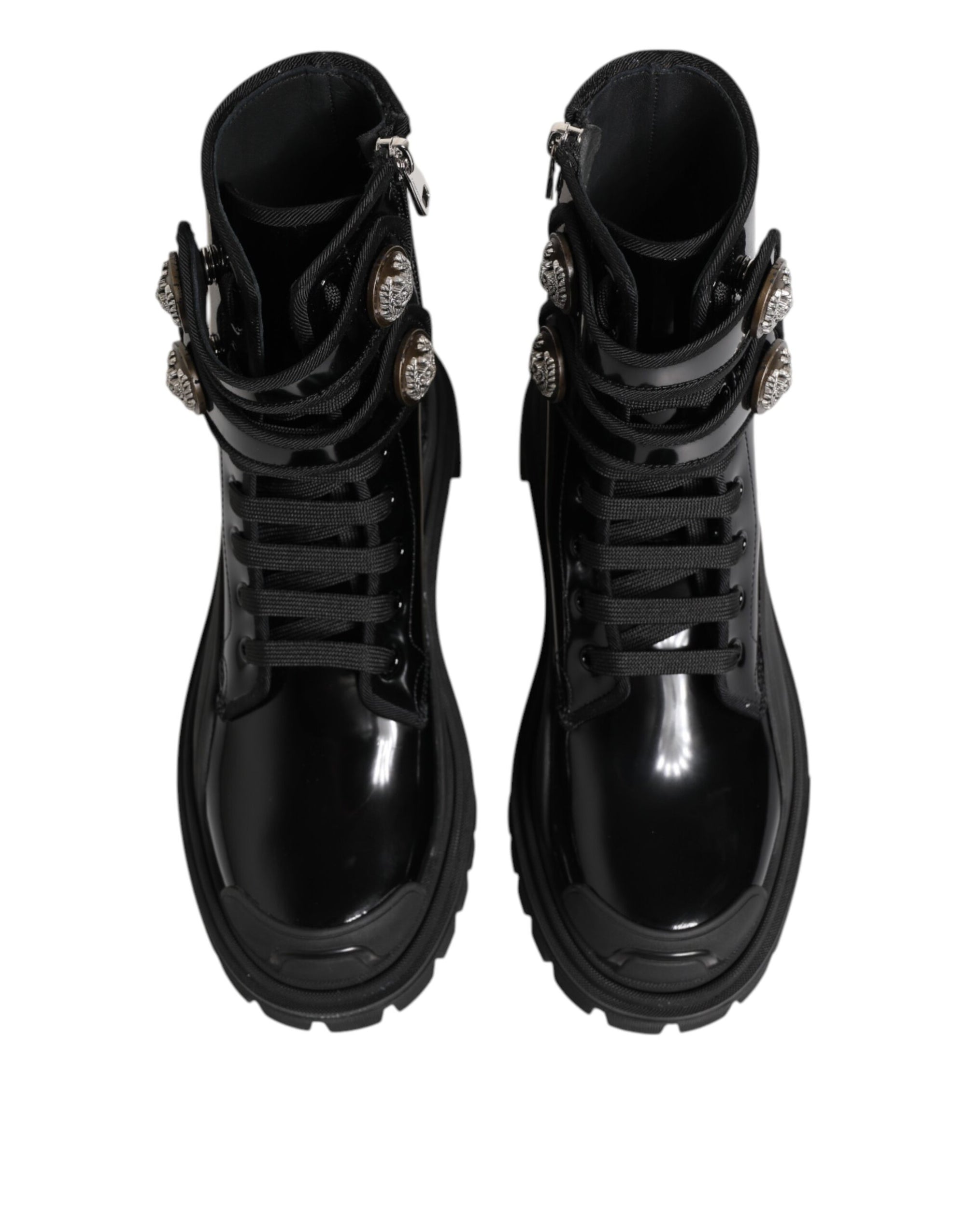 Dolce &amp; Gabbana Black Leather DG Logo Combat Ankle Boots Shoes
