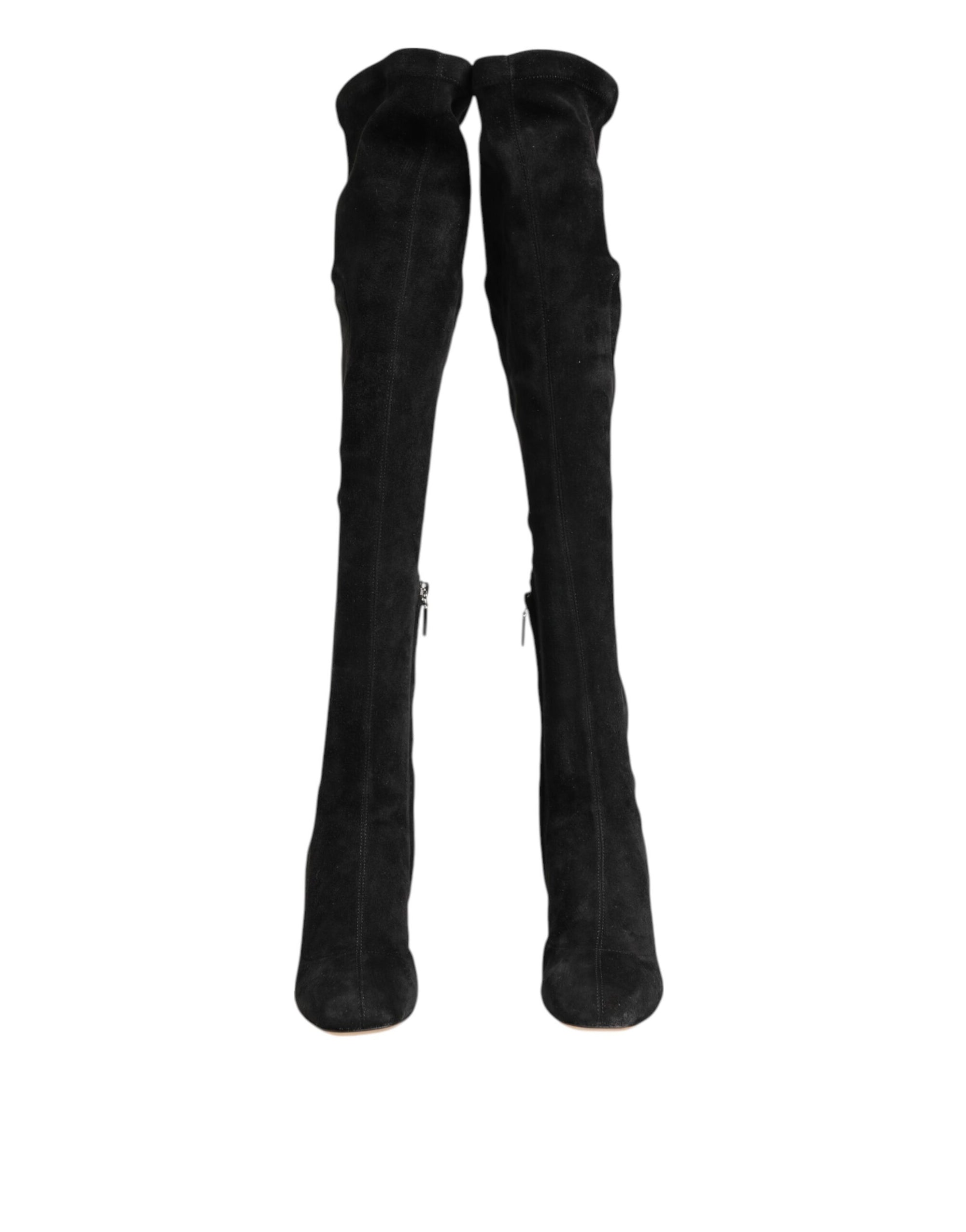 Dolce &amp; Gabbana Black Suede Leather Knee High Boots Shoes