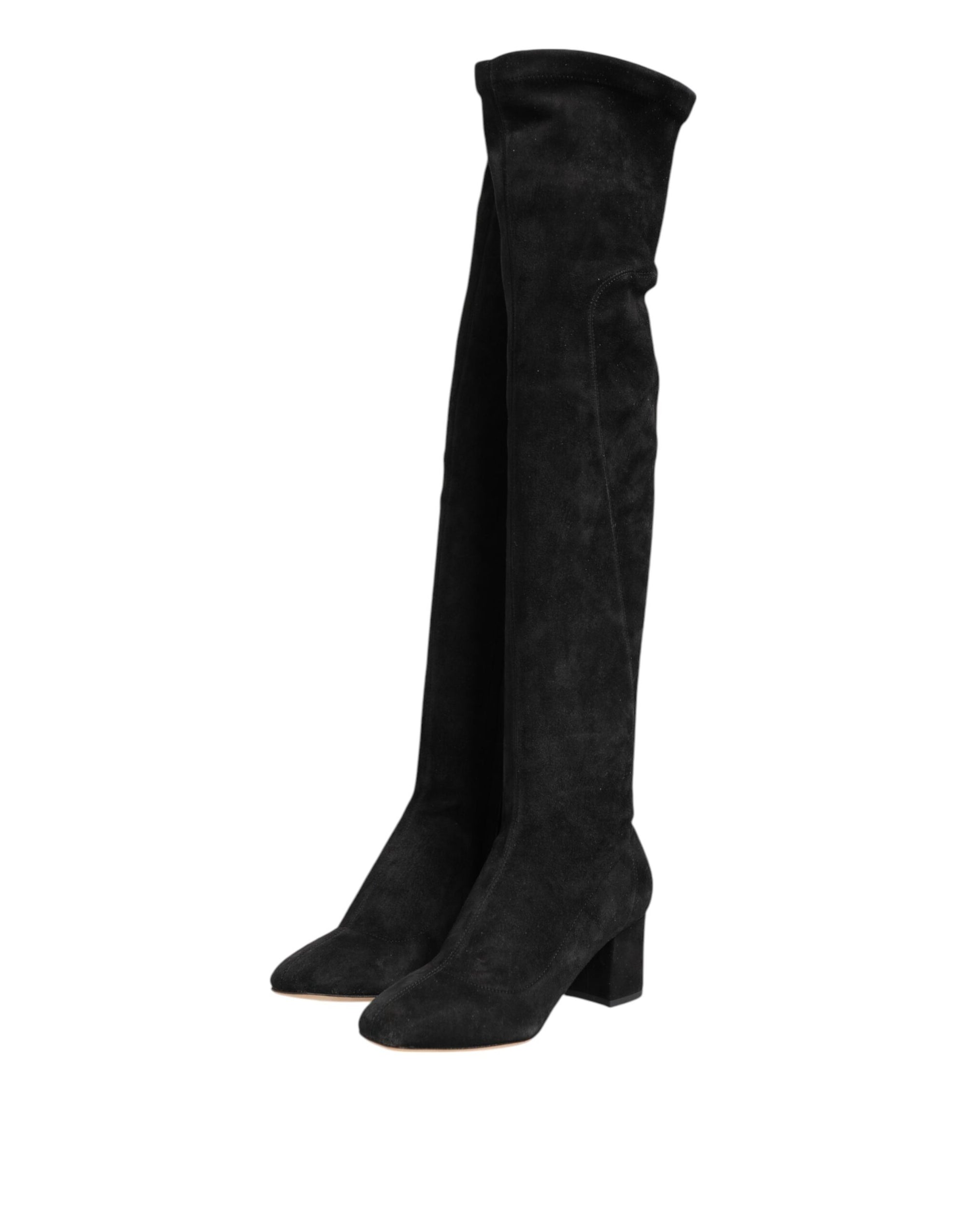 Dolce &amp; Gabbana Black Suede Leather Knee High Boots Shoes