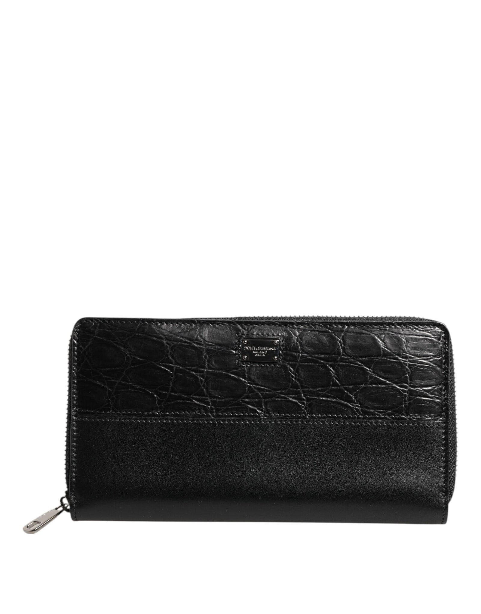 Portefeuille continental zippé en cuir noir Dolce &amp; Gabbana avec plaque logo
