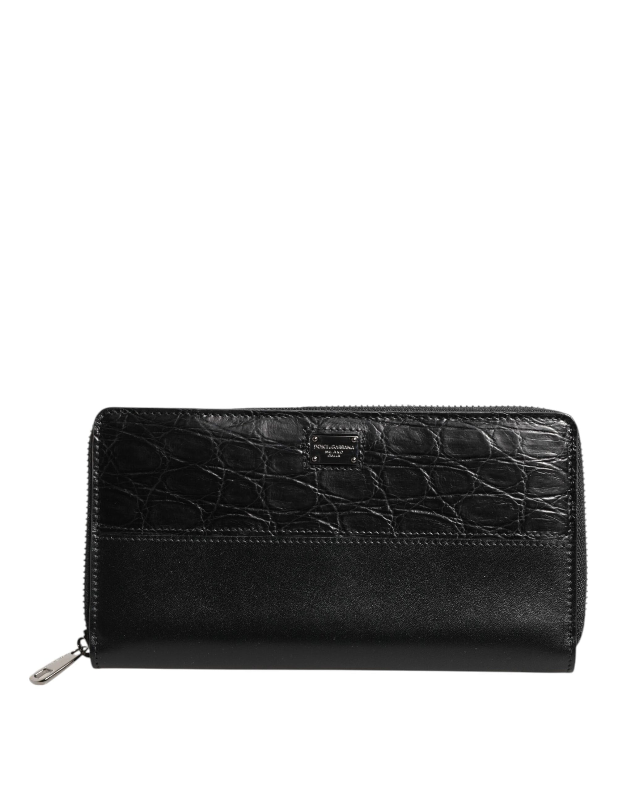 Portefeuille continental zippé en cuir noir Dolce &amp; Gabbana avec plaque logo