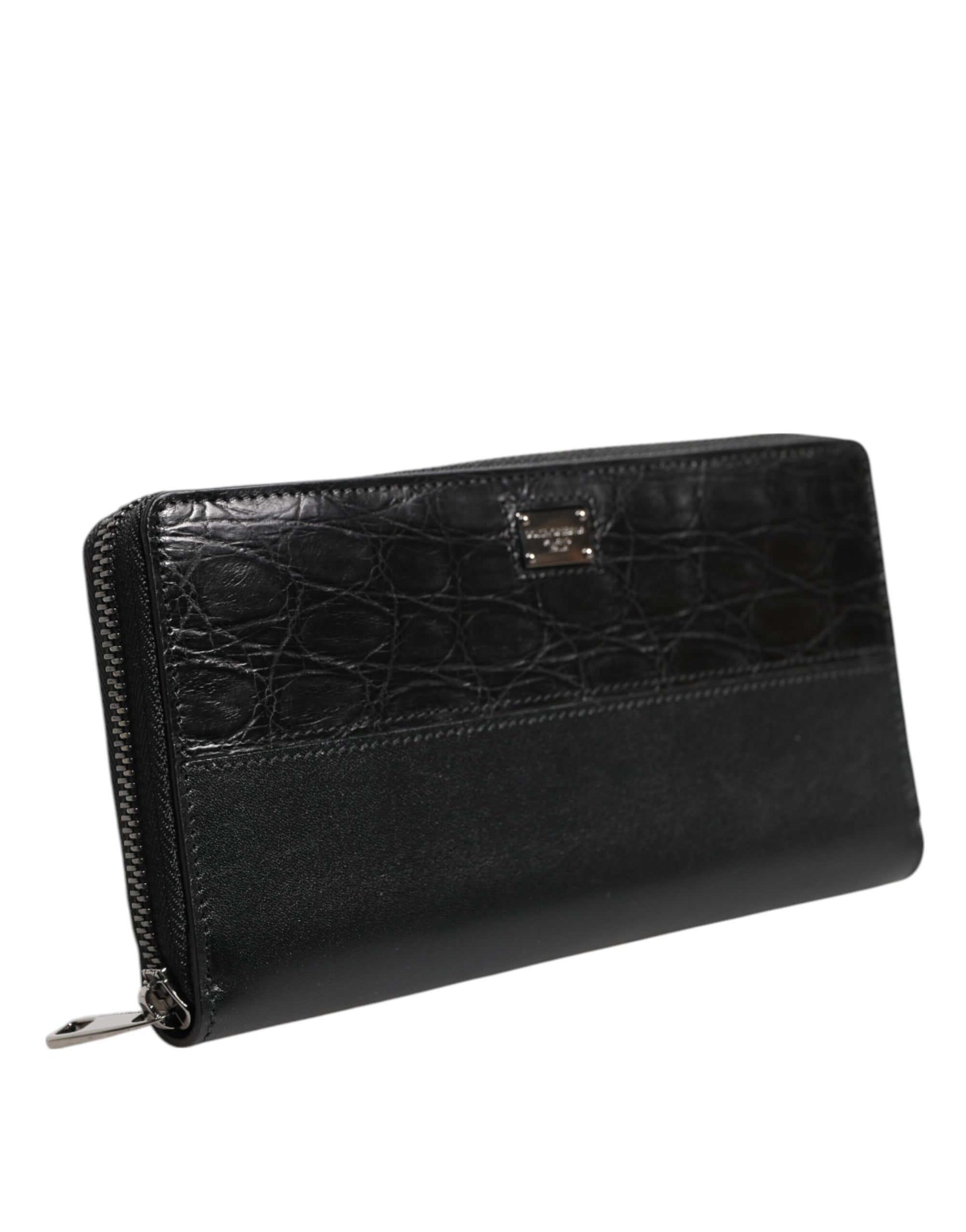 Portefeuille continental zippé en cuir noir Dolce &amp; Gabbana avec plaque logo