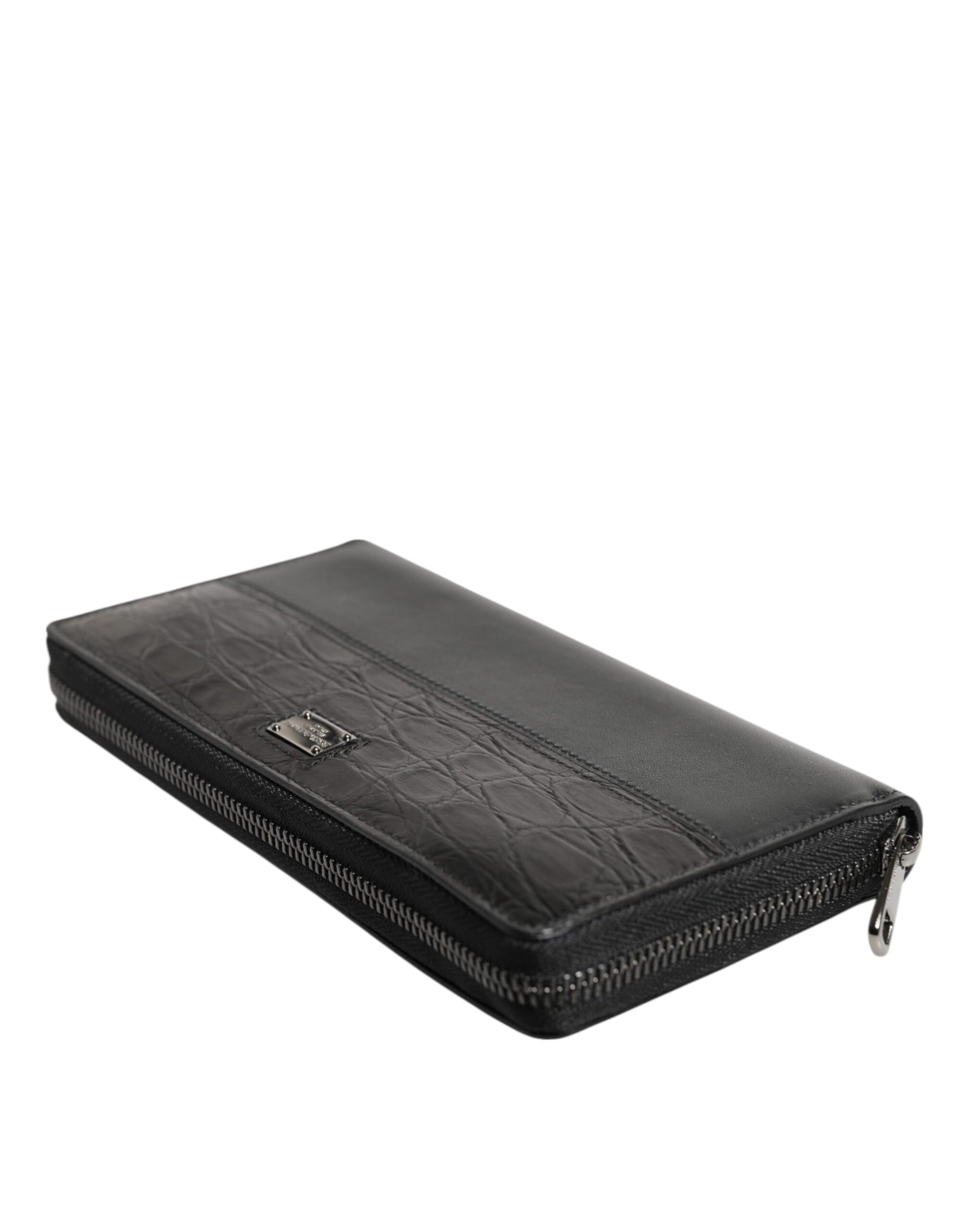 Portefeuille continental zippé en cuir noir Dolce &amp; Gabbana avec plaque logo
