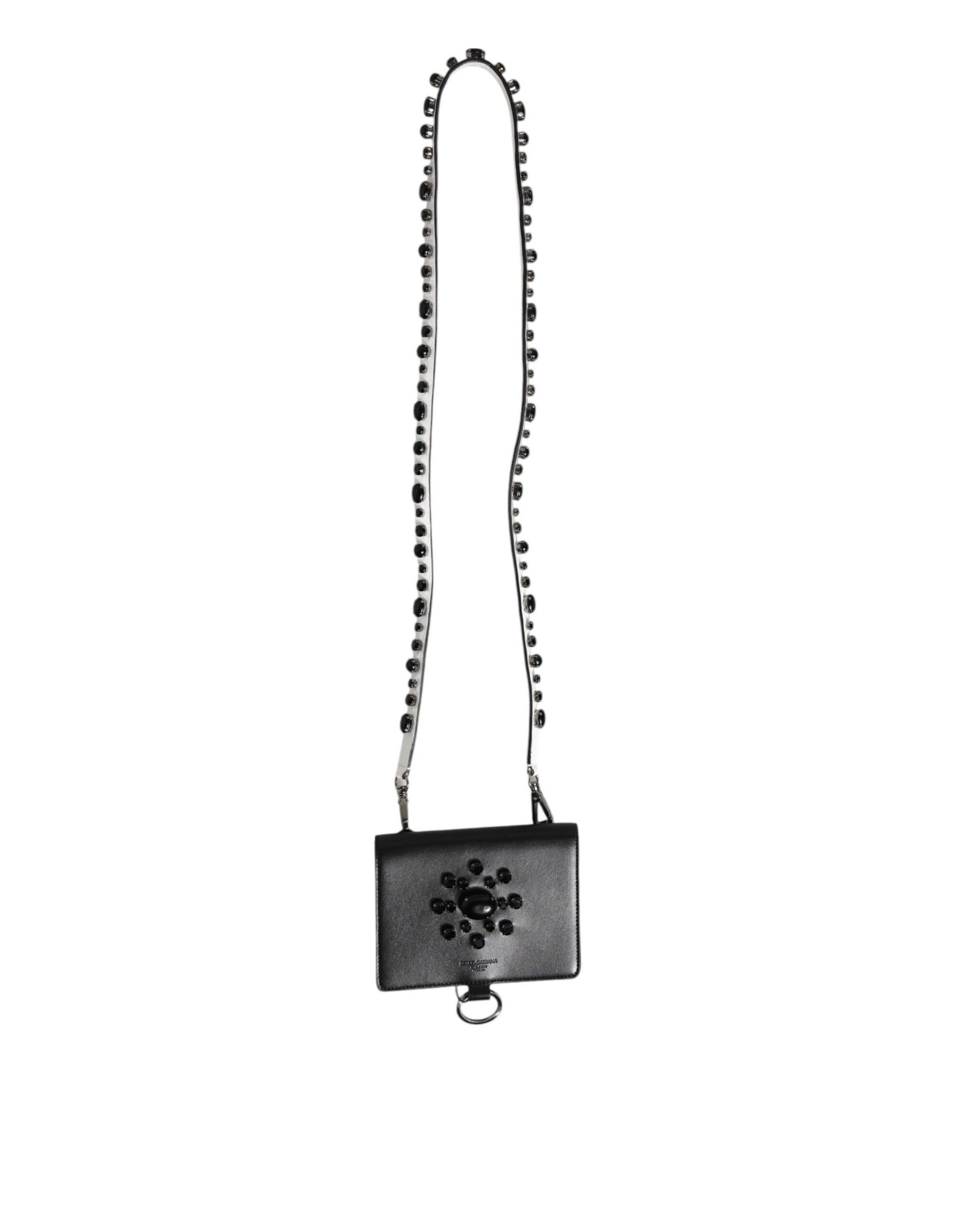 Dolce &amp; Gabbana Black Leather Crystal Embellished Card Holder Wallet