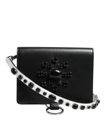 Dolce &amp; Gabbana Black Leather Crystal Embellished Card Holder Wallet