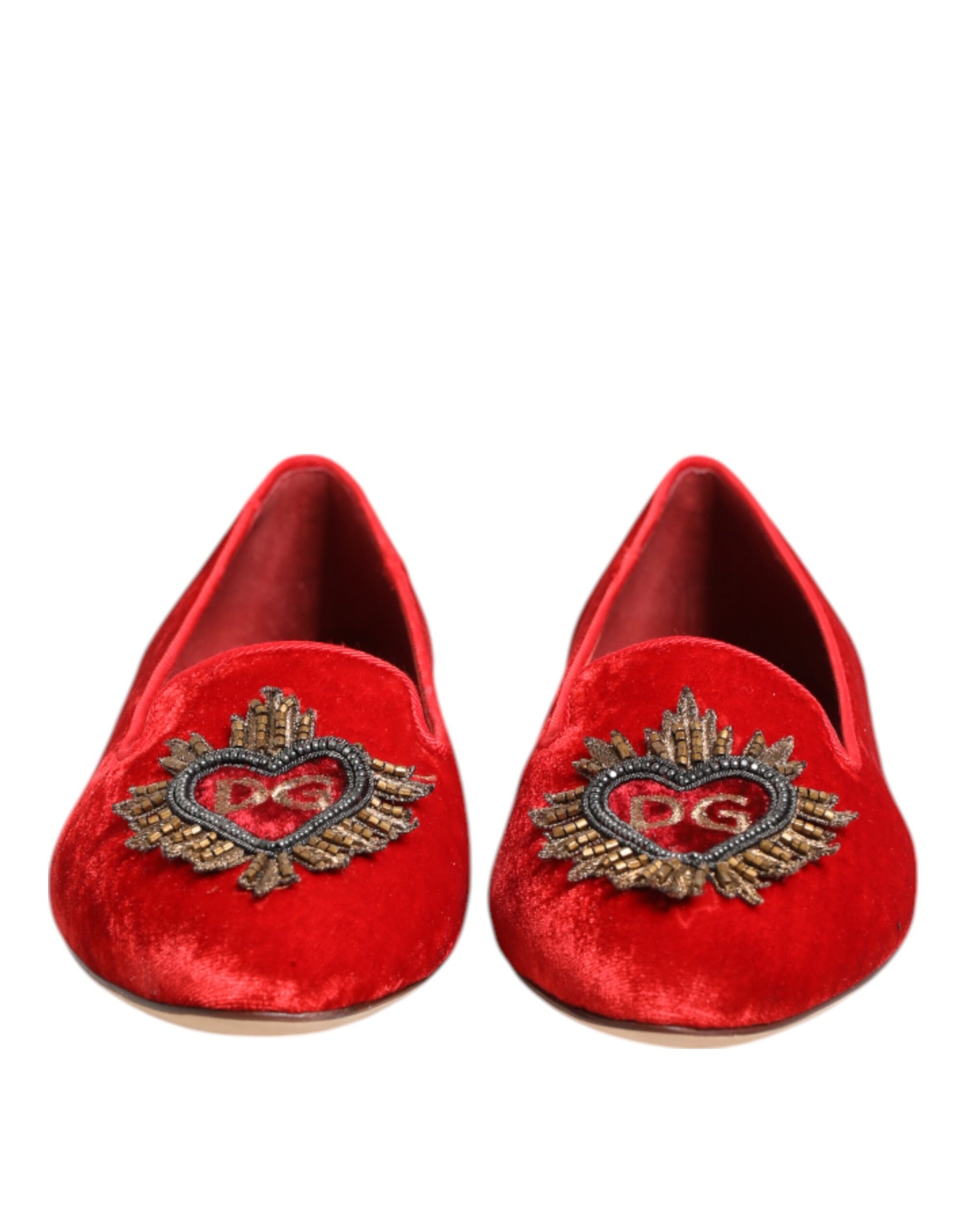 Dolce &amp; Gabbana Red Velvet DG Heart Loafers Flat Shoes