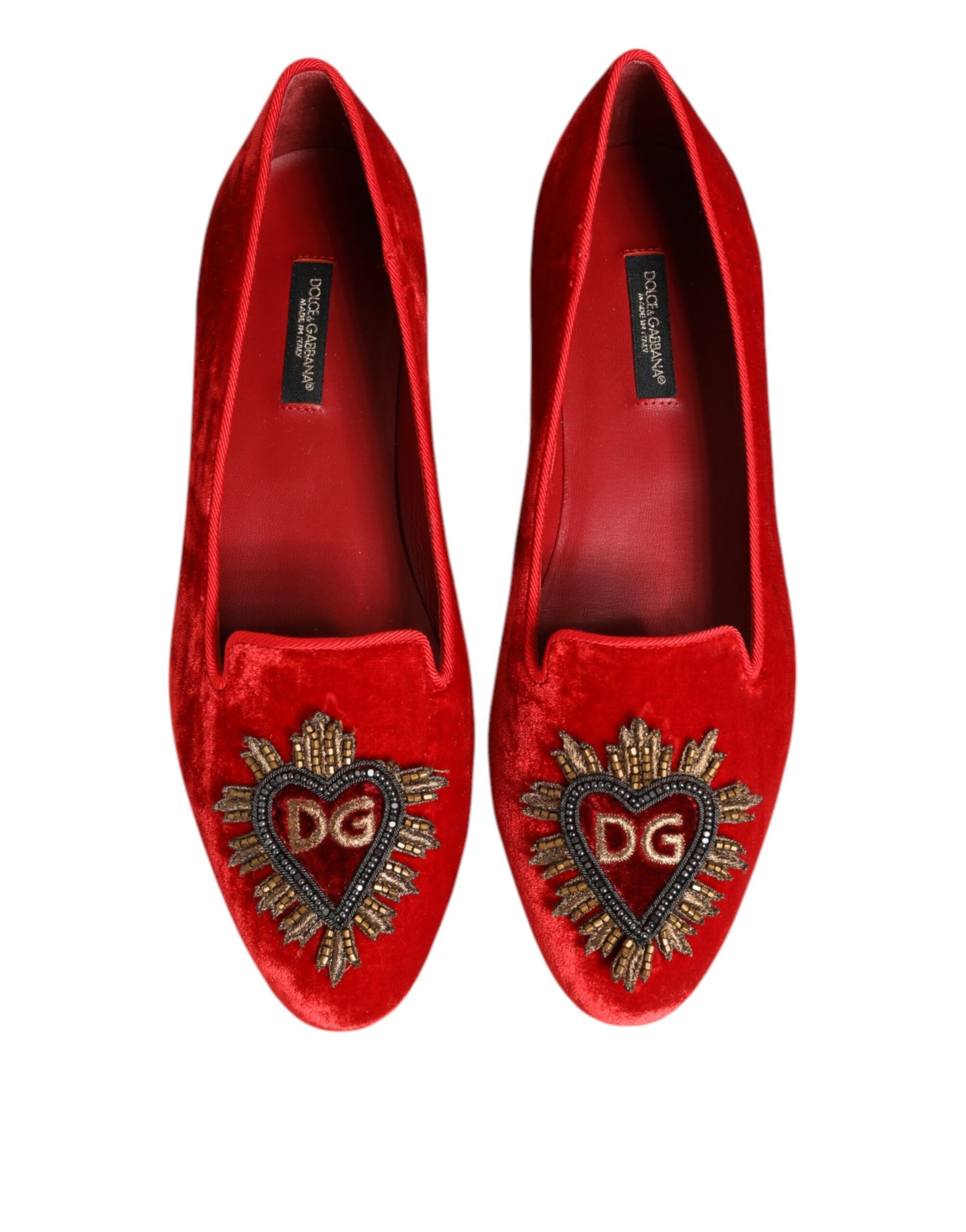 Dolce &amp; Gabbana Red Velvet DG Heart Loafers Flat Shoes