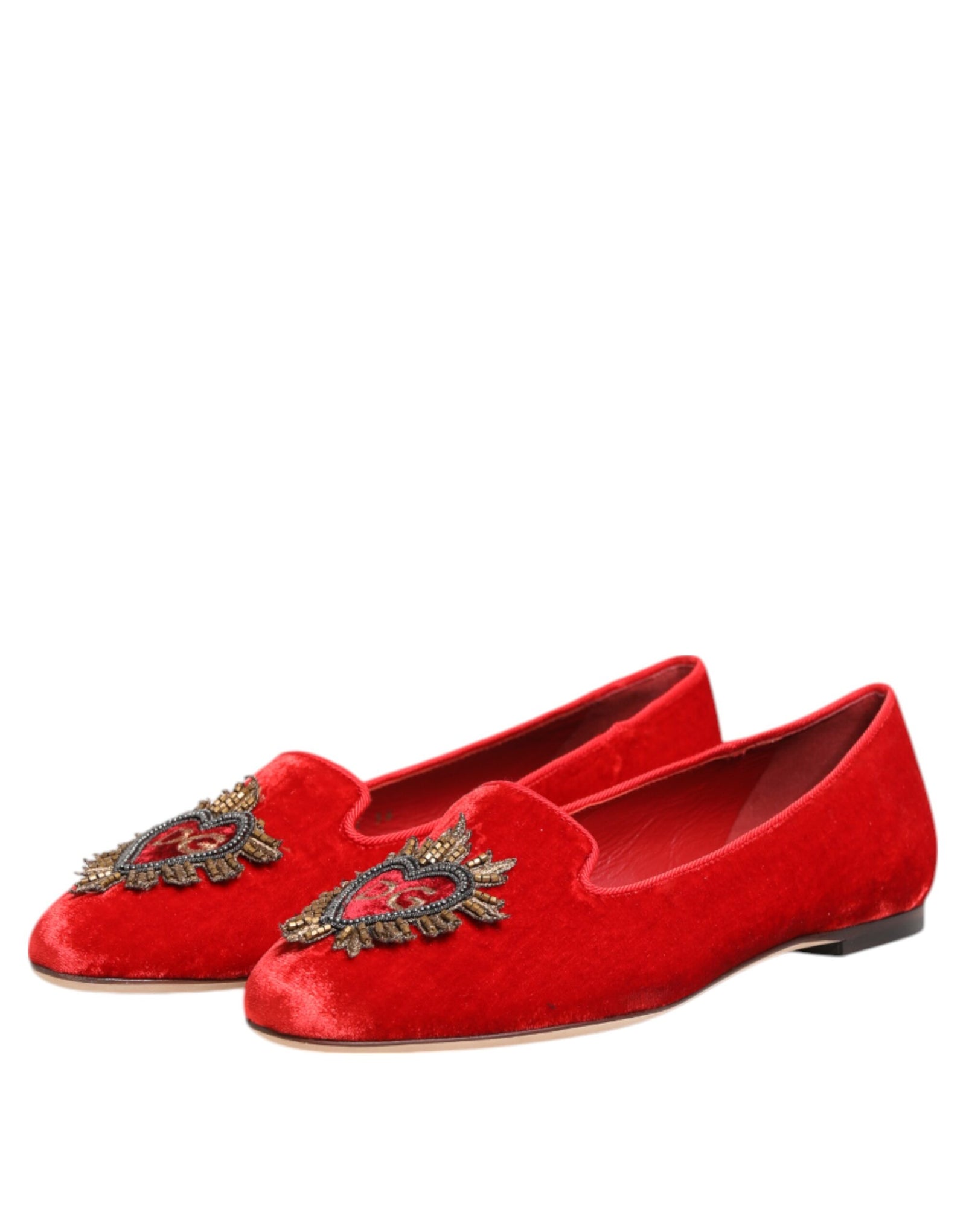 Dolce &amp; Gabbana Red Velvet DG Heart Loafers Flat Shoes