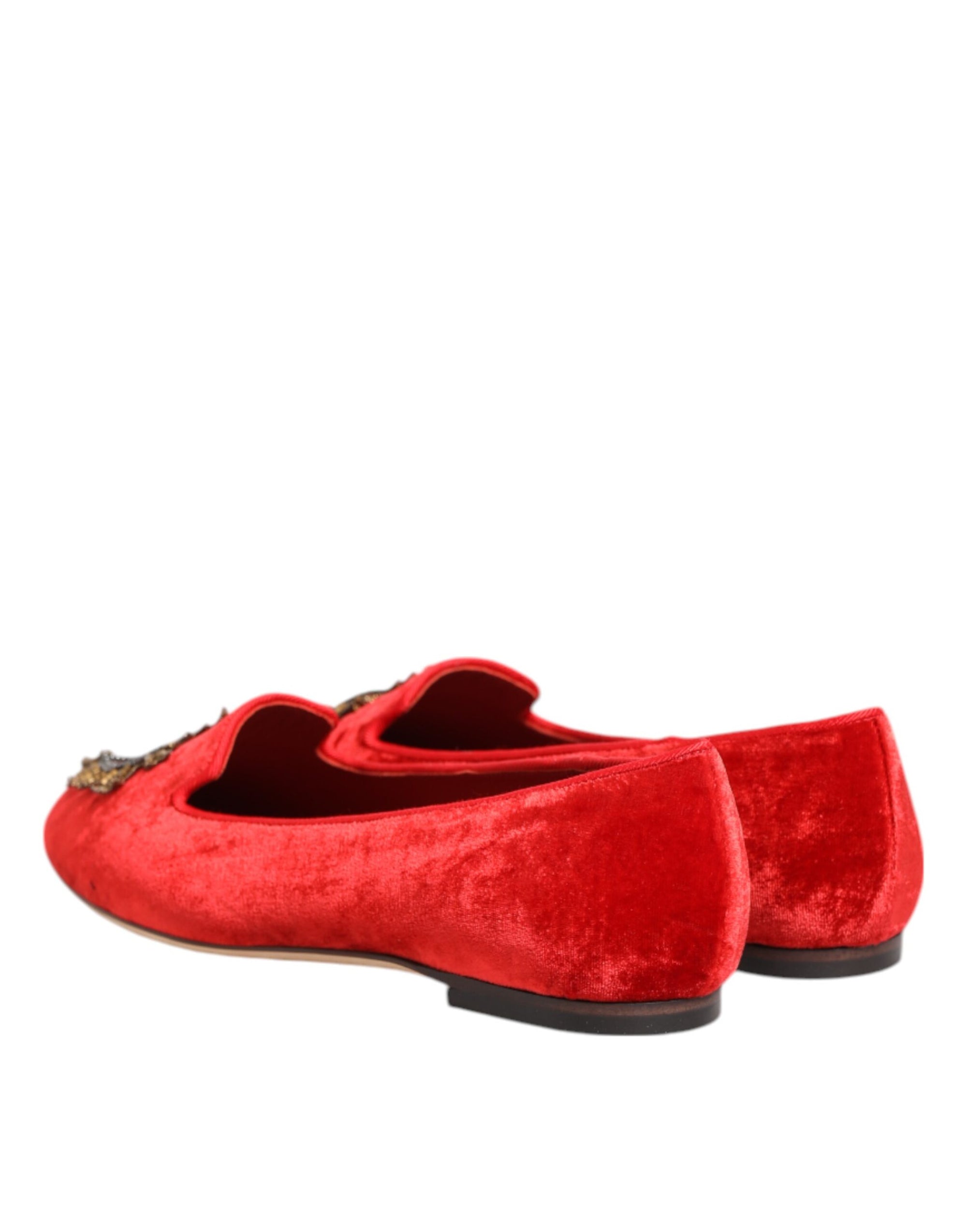 Dolce &amp; Gabbana Red Velvet DG Heart Loafers Flat Shoes
