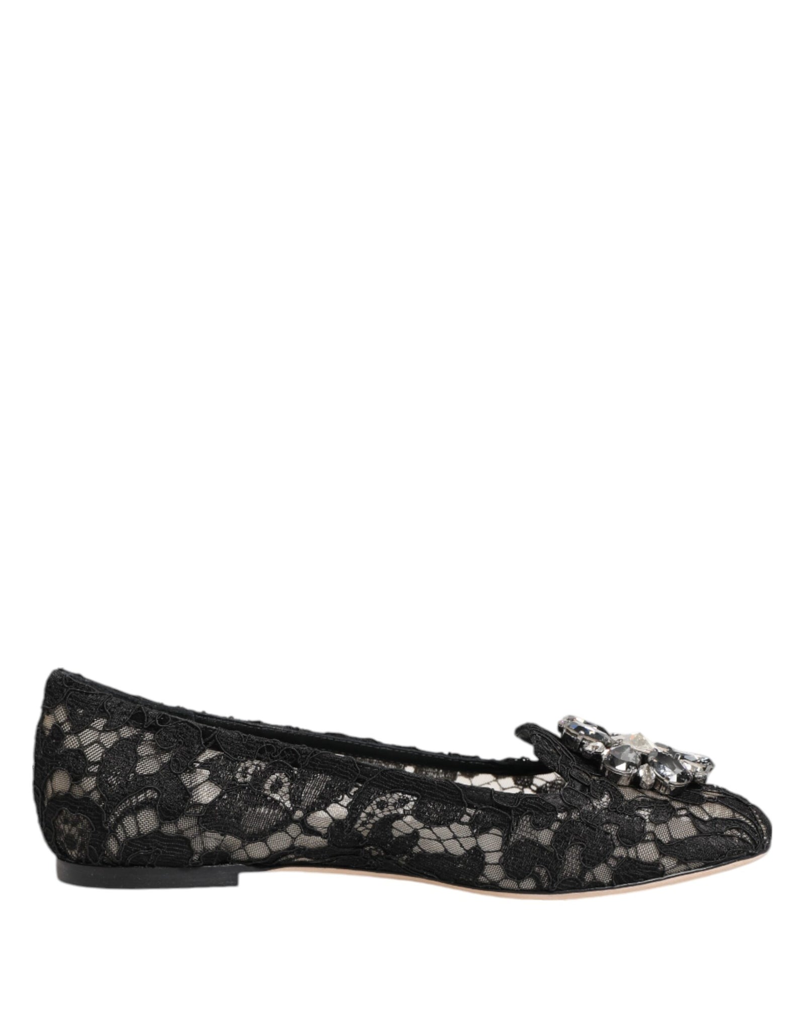 Dolce &amp; Gabbana Black Taormina Lace Crystals Flats Shoes