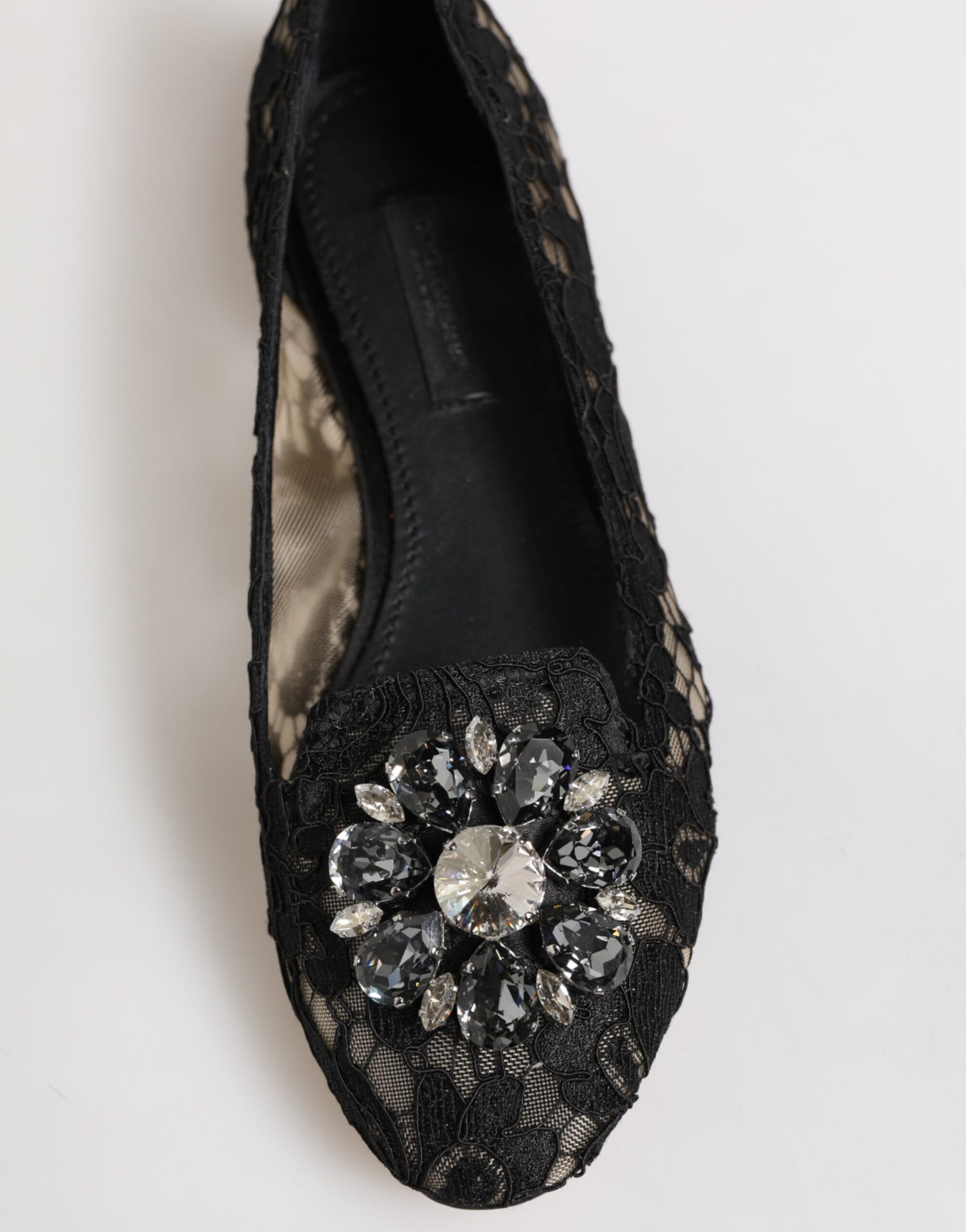 Dolce &amp; Gabbana Black Taormina Lace Crystals Flats Shoes