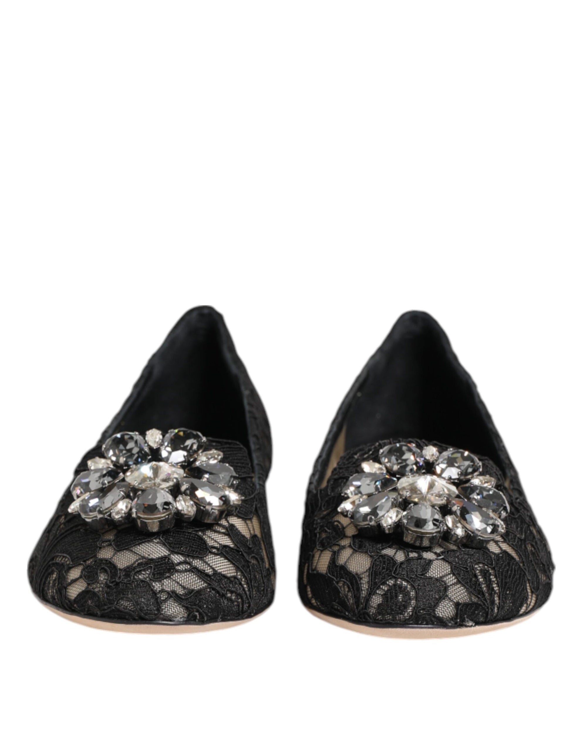 Dolce &amp; Gabbana Black Taormina Lace Crystals Flats Shoes