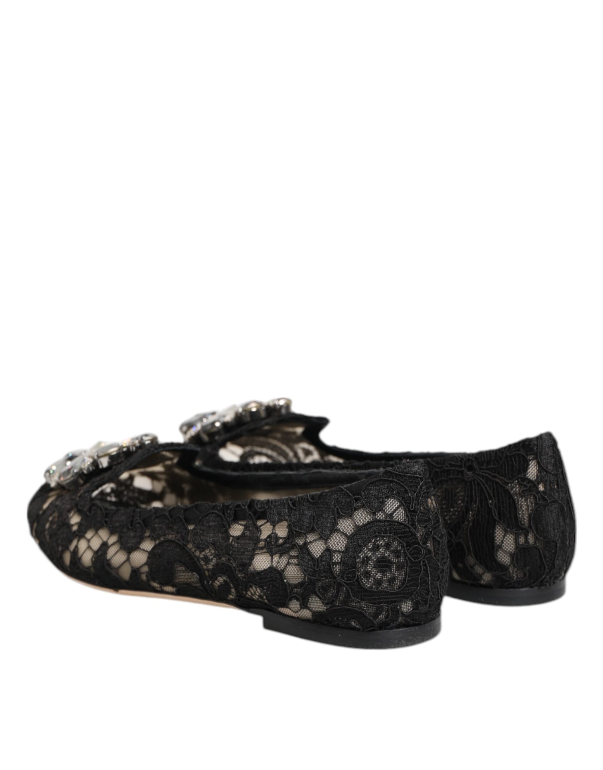Dolce &amp; Gabbana Black Taormina Lace Crystals Flats Shoes