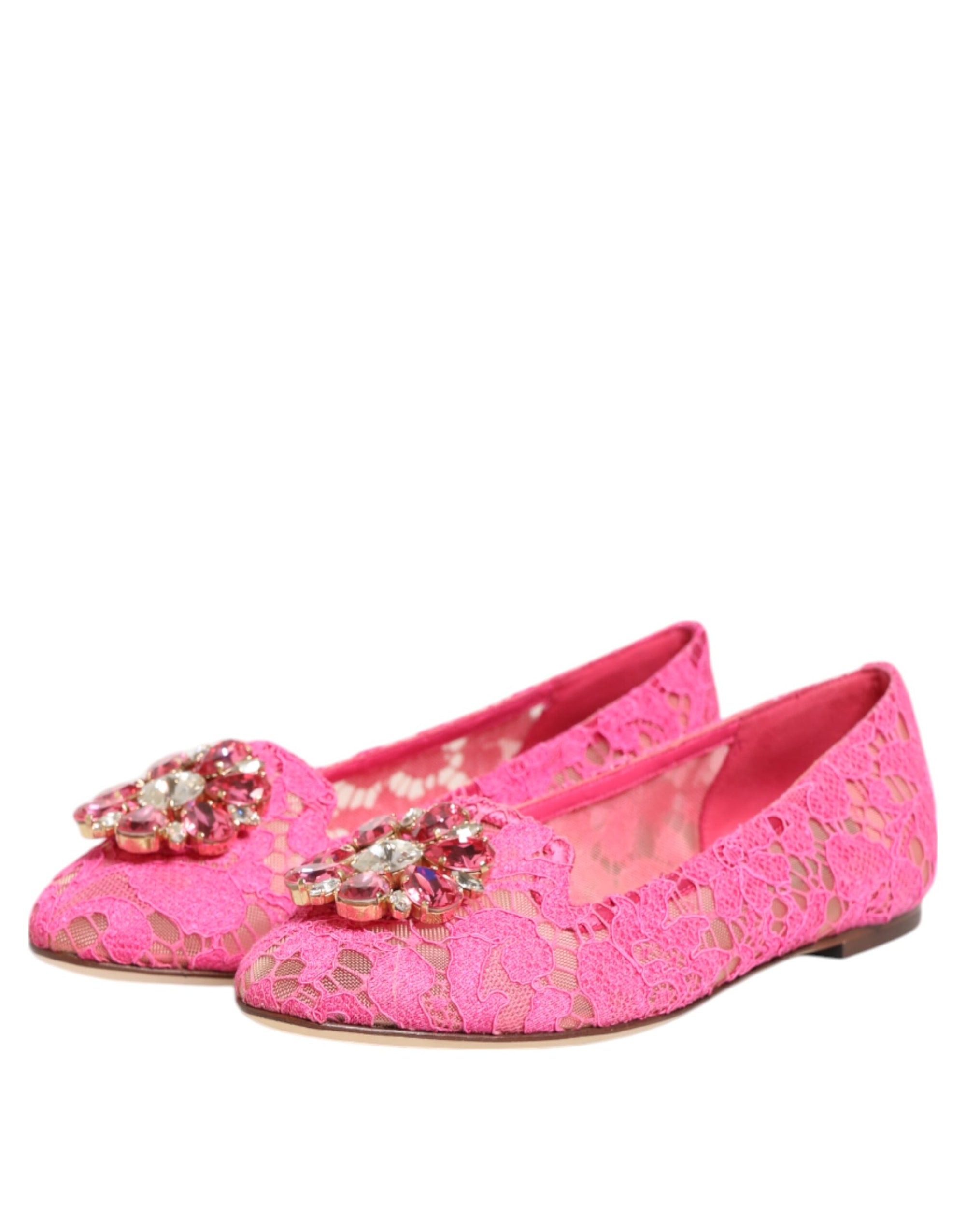 Dolce &amp; Gabbana Pink Taormina Lace Crystals Flats Shoes
