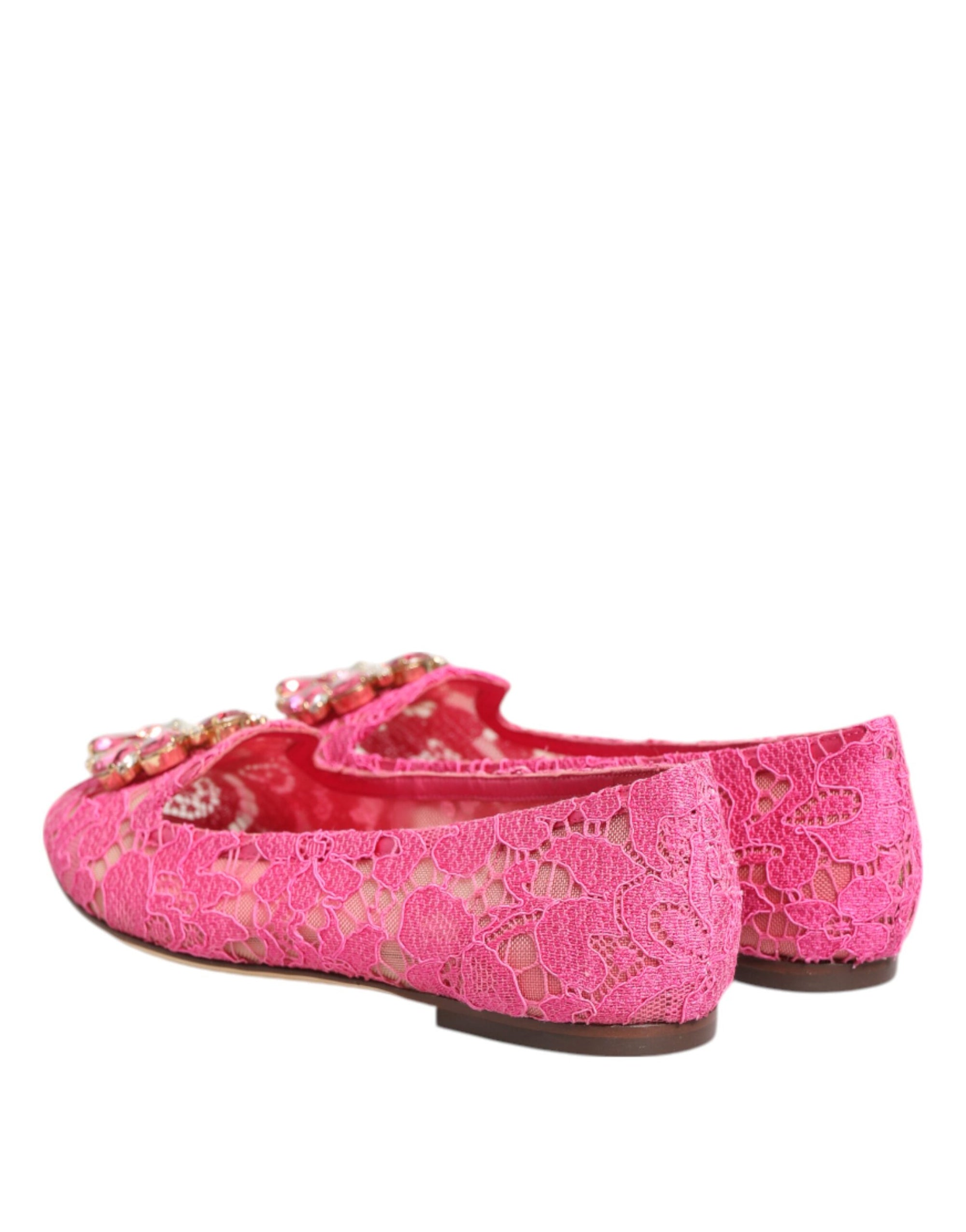 Dolce &amp; Gabbana Pink Taormina Lace Crystals Flats Shoes