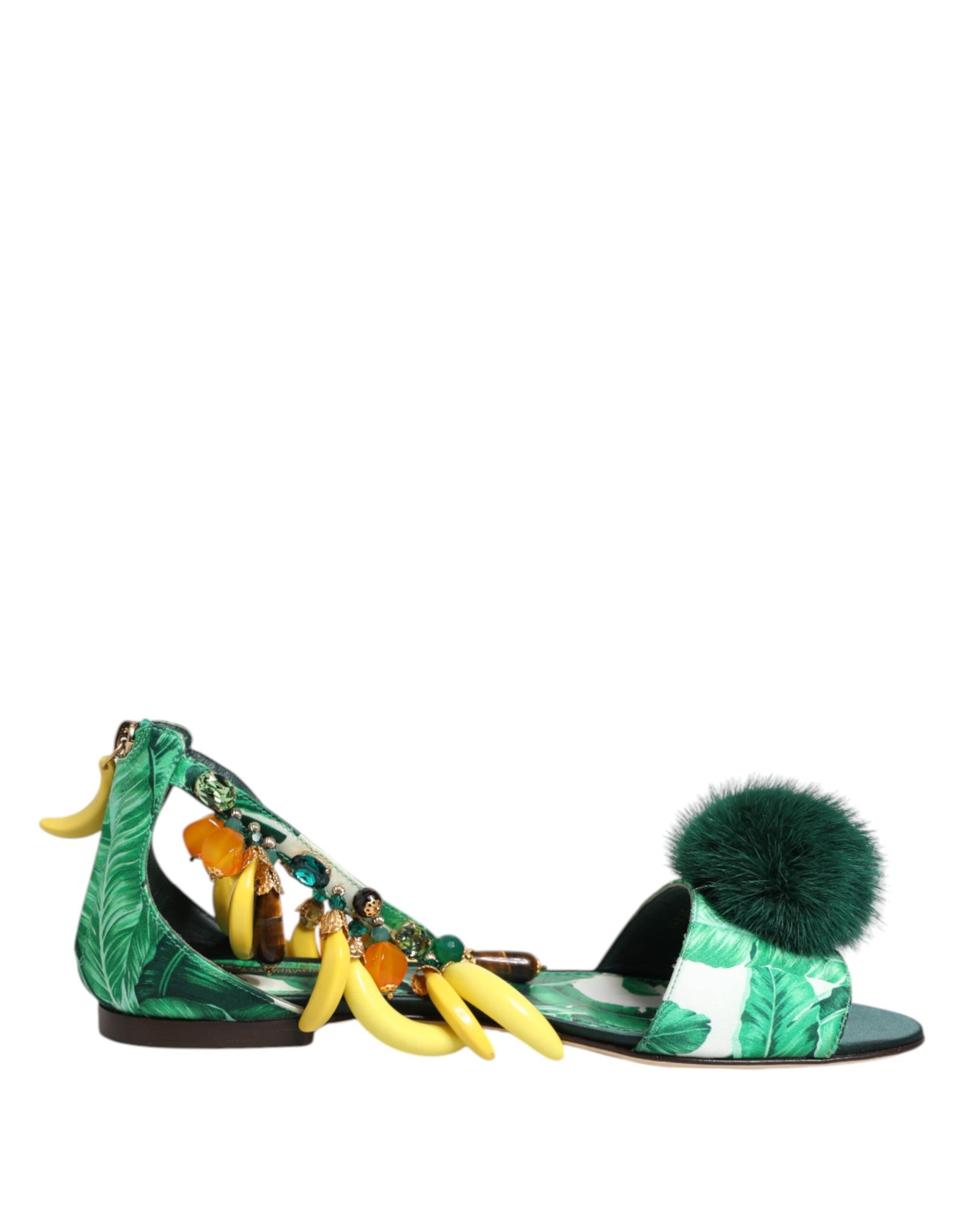 Sandales Dolce &amp; Gabbana en satin et fourrure de vison vert et feuille de bananier