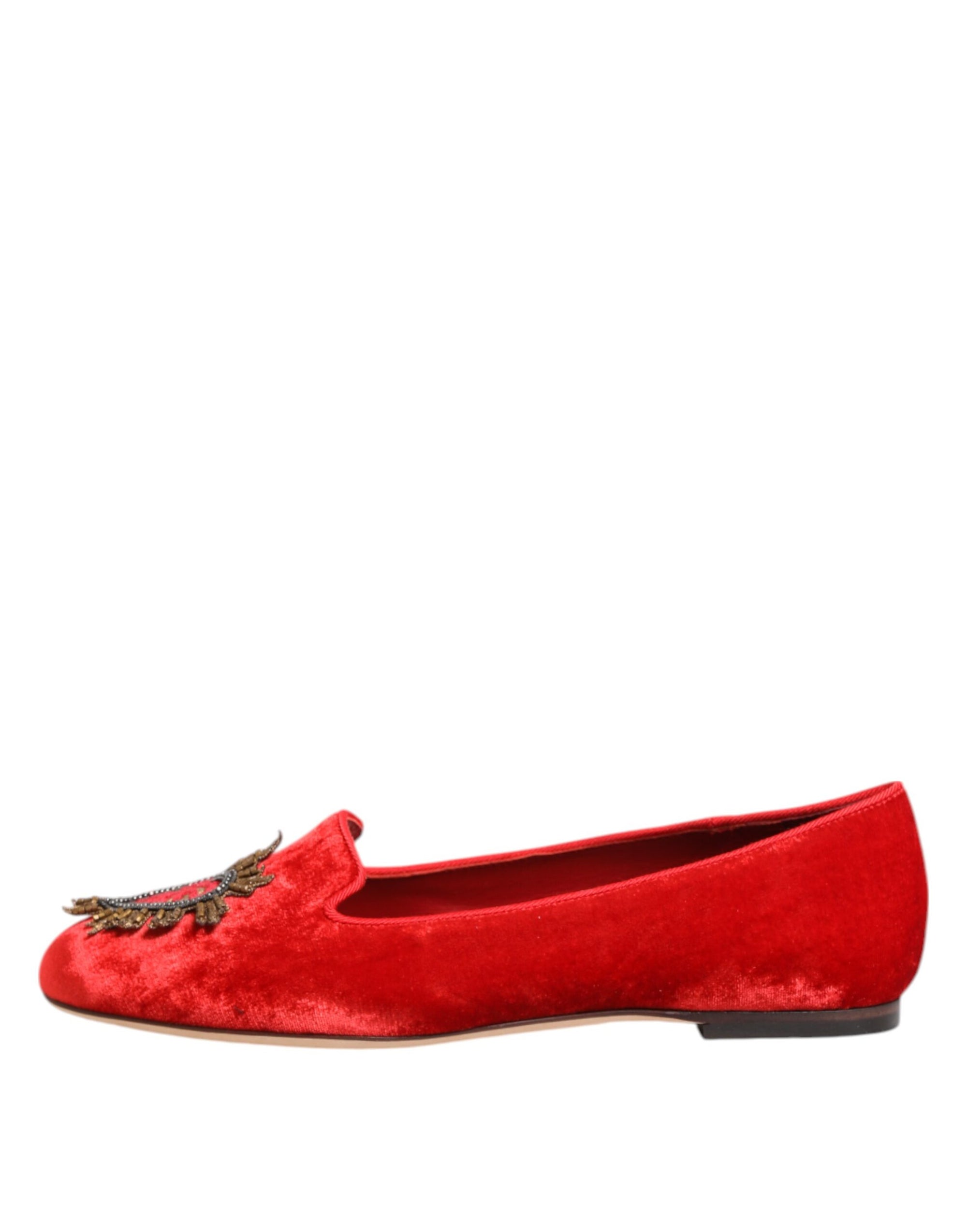 Dolce &amp; Gabbana Red Velvet DG Heart Loafers Flats Shoes