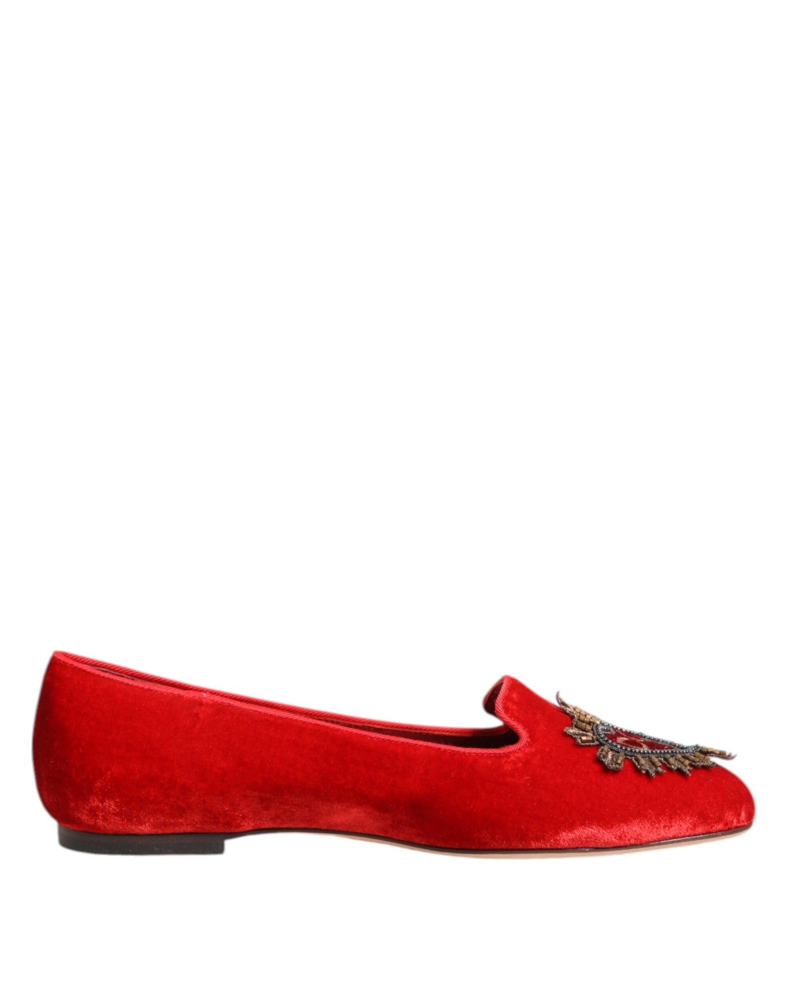 Dolce &amp; Gabbana Red Velvet DG Heart Loafers Flats Shoes