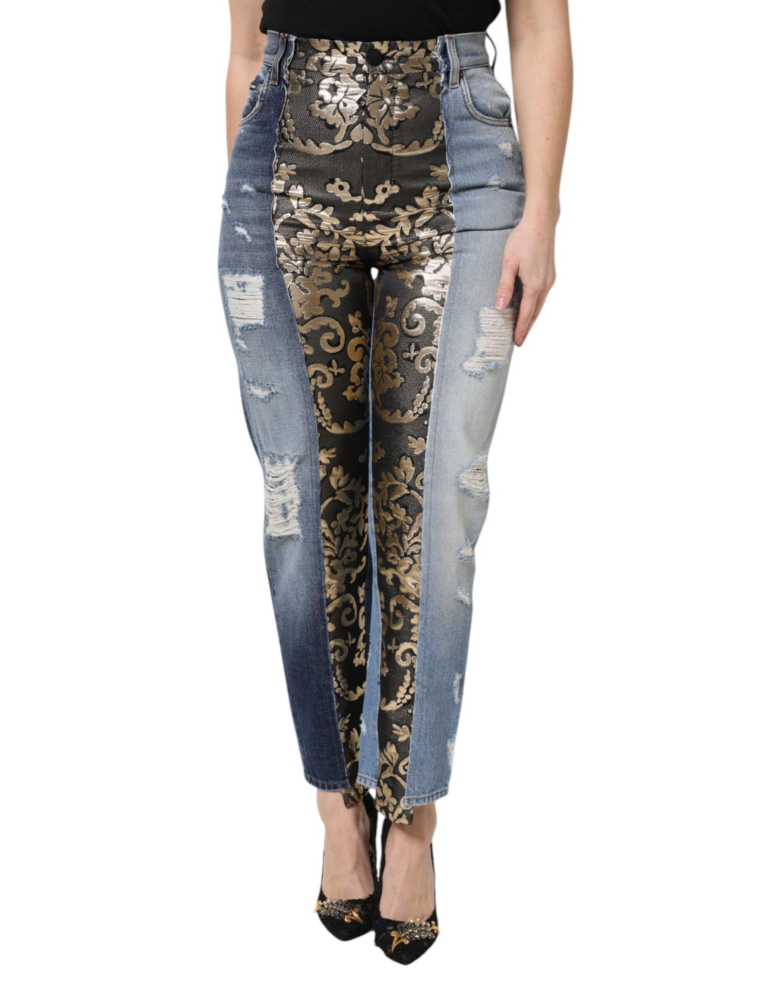 Jean fuselé en denim patchwork multicolore Dolce &amp; Gabbana 