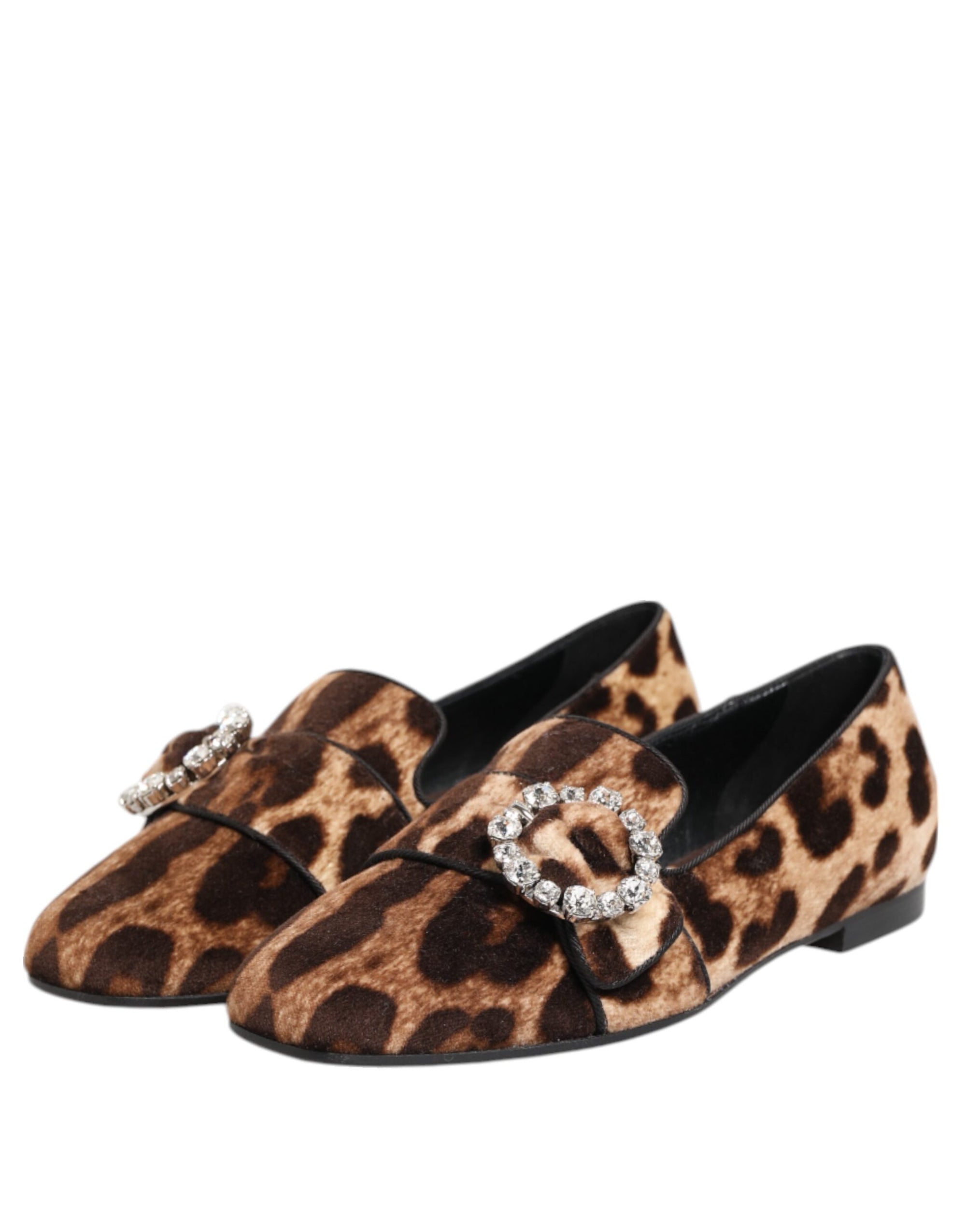 Dolce &amp; Gabbana Brown Leopard Print Crystals Loafers Flats Shoes