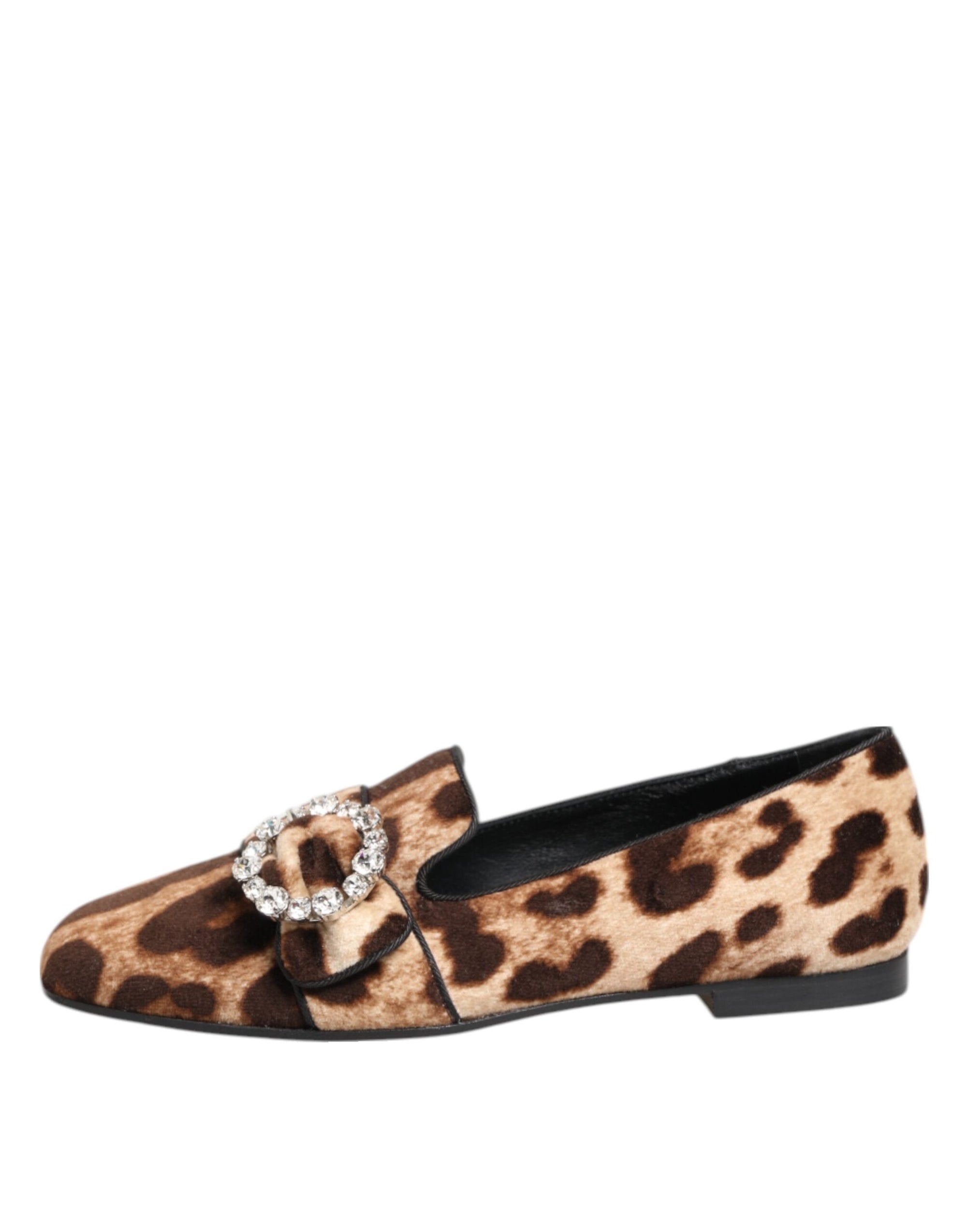 Dolce &amp; Gabbana Brown Leopard Print Crystals Loafers Flats Shoes