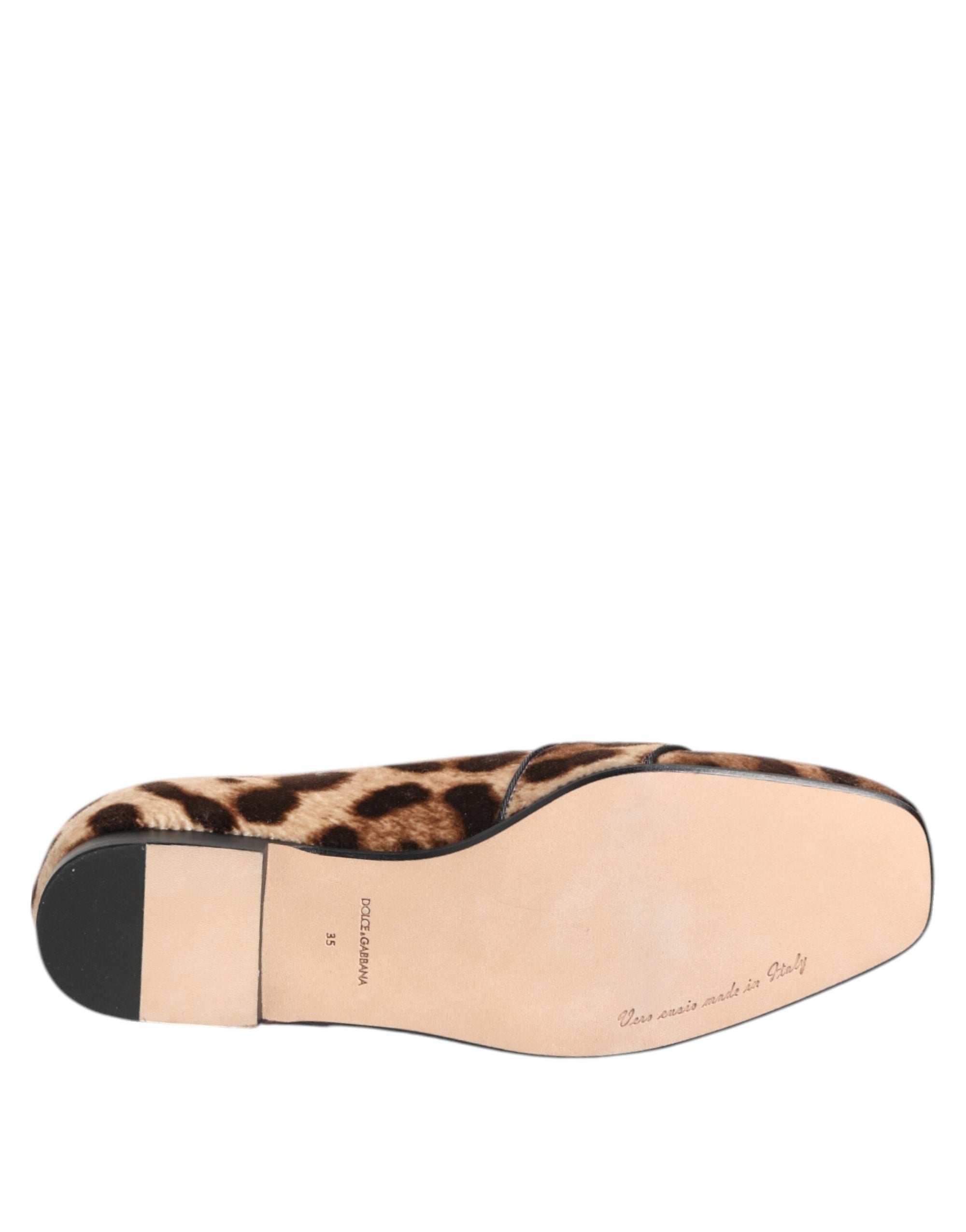 Dolce &amp; Gabbana Brown Leopard Print Crystals Loafers Flats Shoes