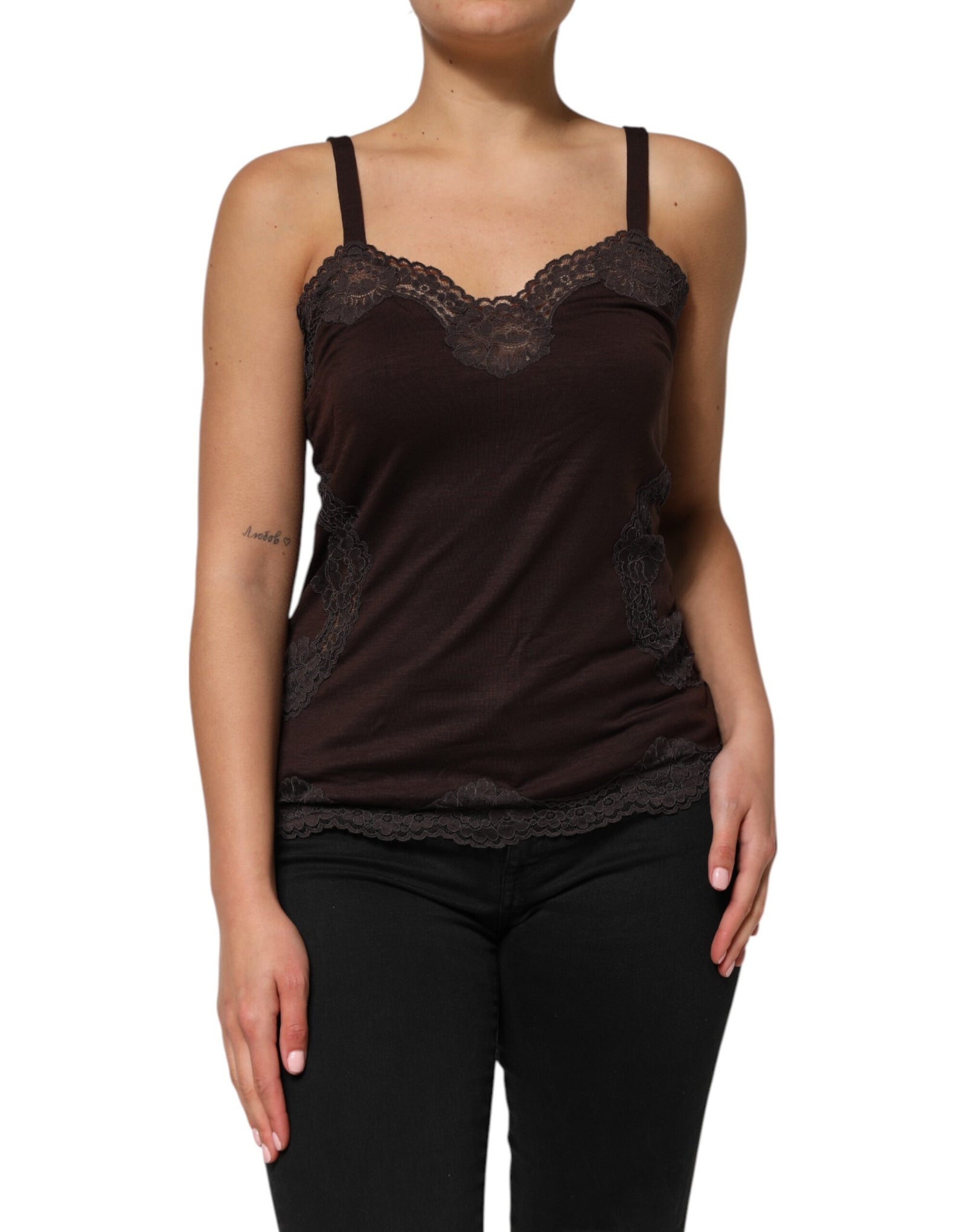Débardeur sans manches en laine marron foncé avec bordure en dentelle Dolce &amp; Gabbana