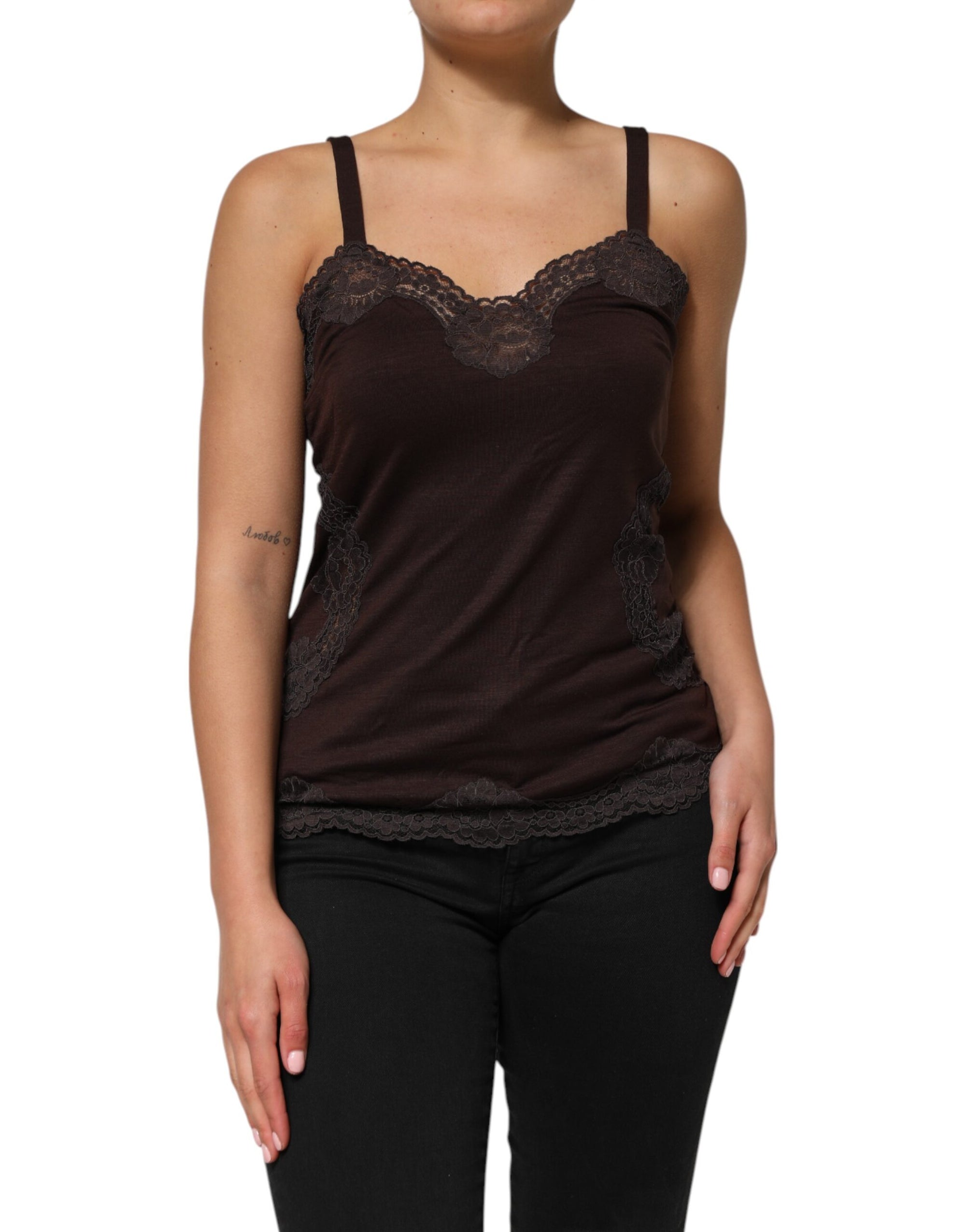 Débardeur sans manches en laine marron foncé avec bordure en dentelle Dolce &amp; Gabbana