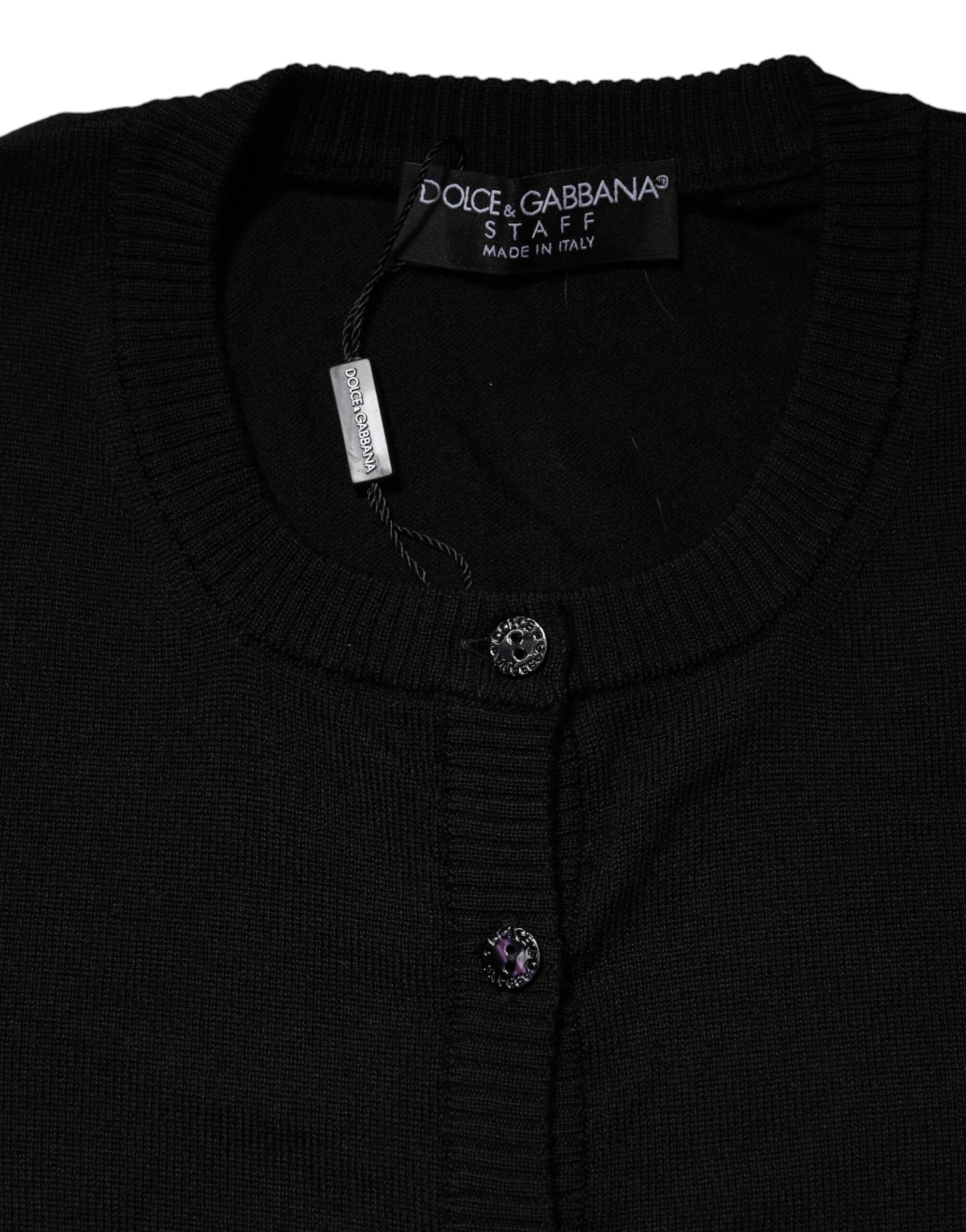 Dolce &amp; Gabbana Black Wool Knit Crew Neck Cardigan Sweater