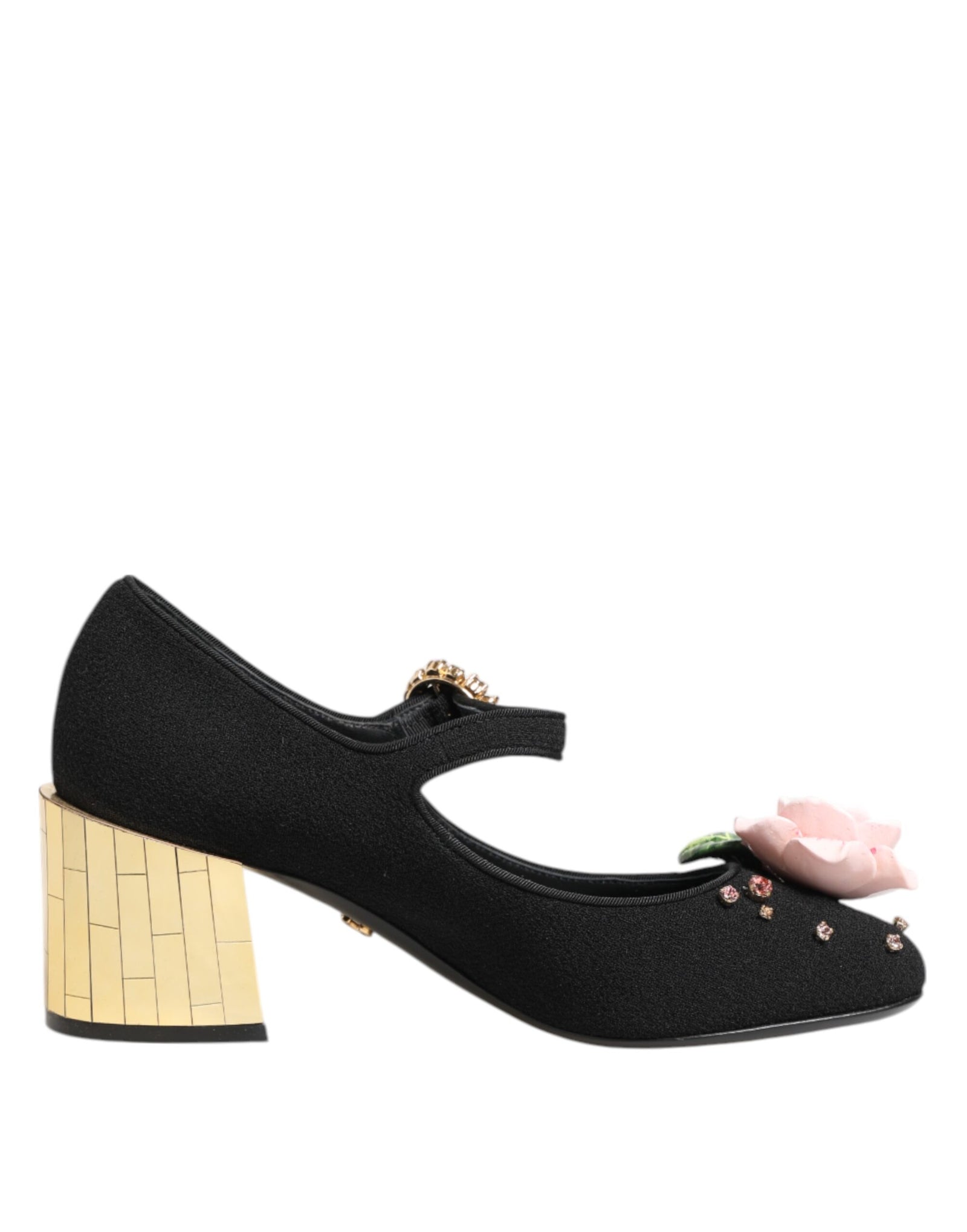 Dolce &amp; Gabbana Black Flower Crystal Embellished Mary Jane Shoes
