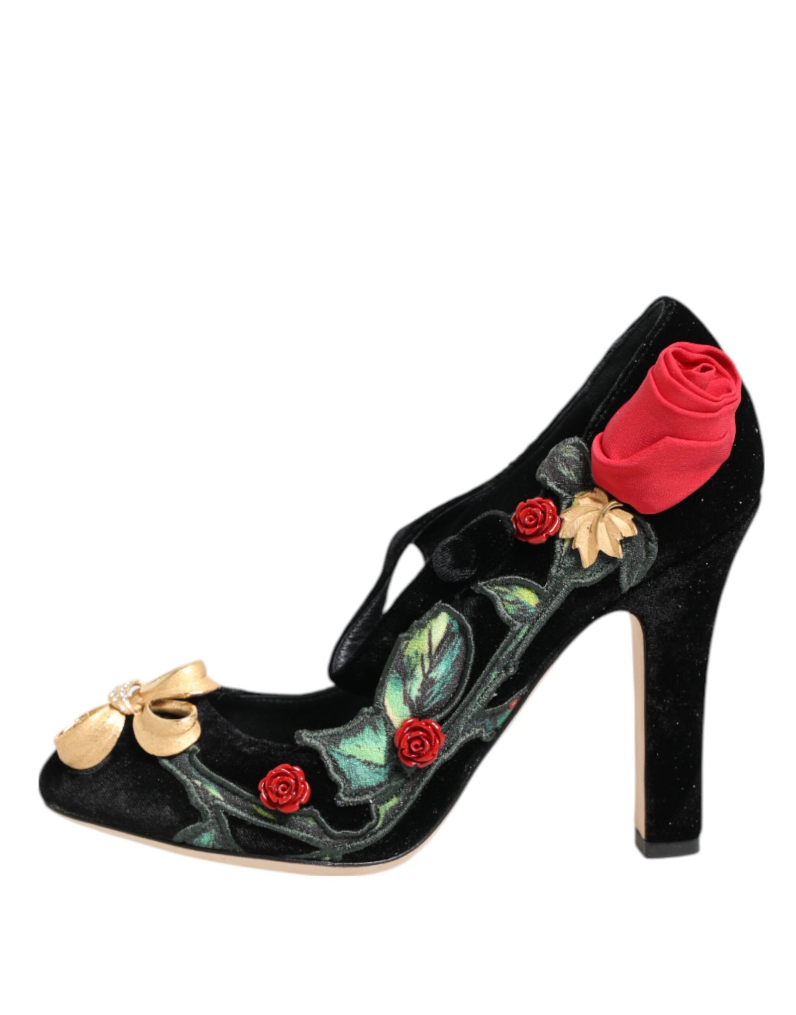 Dolce &amp; Gabbana Black Roses Crystal Brooch Mary Jane Shoes